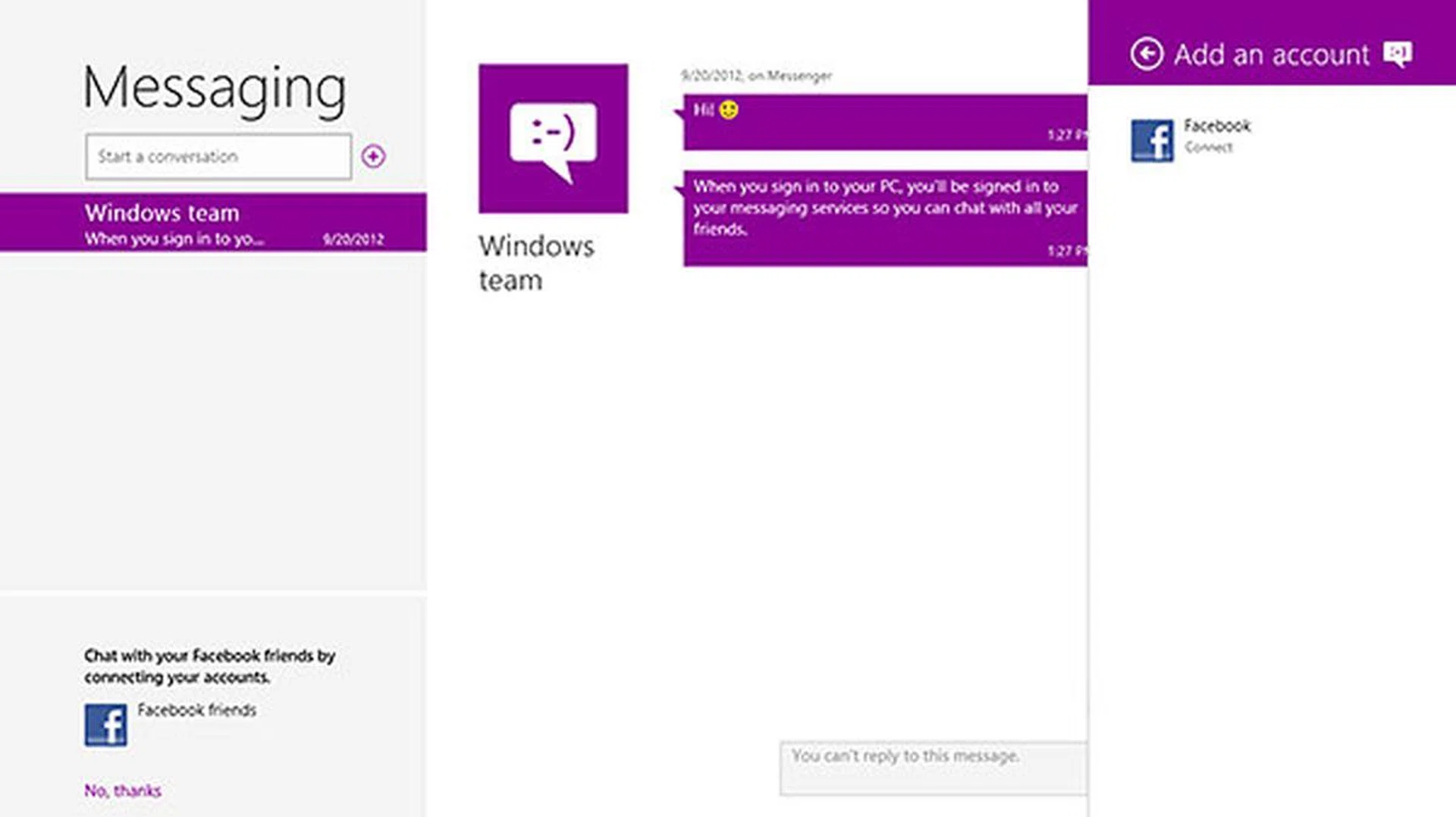 For Messaging, there's no IM or chat support for other services beyond Messenger and Facebook.
