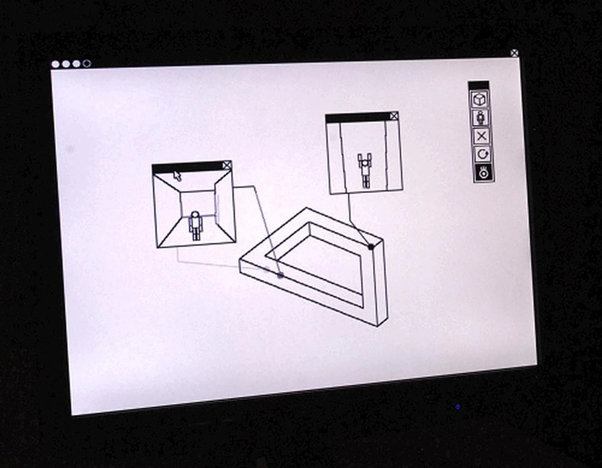 This is an interactive artwork of a third-person view of a structure into a first-person view. Called theRelativity, it is by Sony Computer Science Laboratories inc. Japan and it looks to be a tool that's handy to design mazes and structures of sort for visualizing a game or animation model.