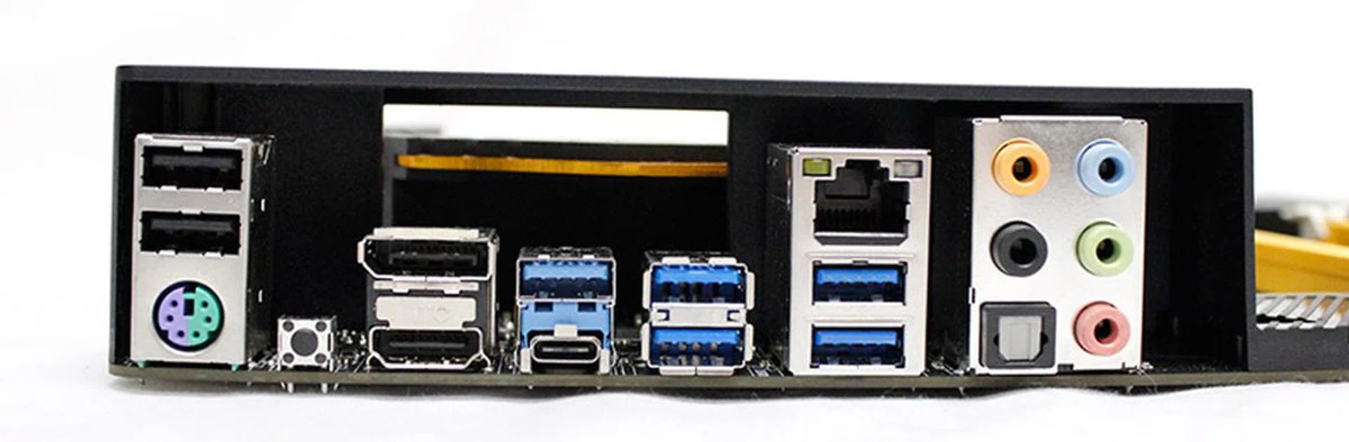 A closer look at the rear I/O ports. The pale blue USB port is a faster USB 3.1 port.