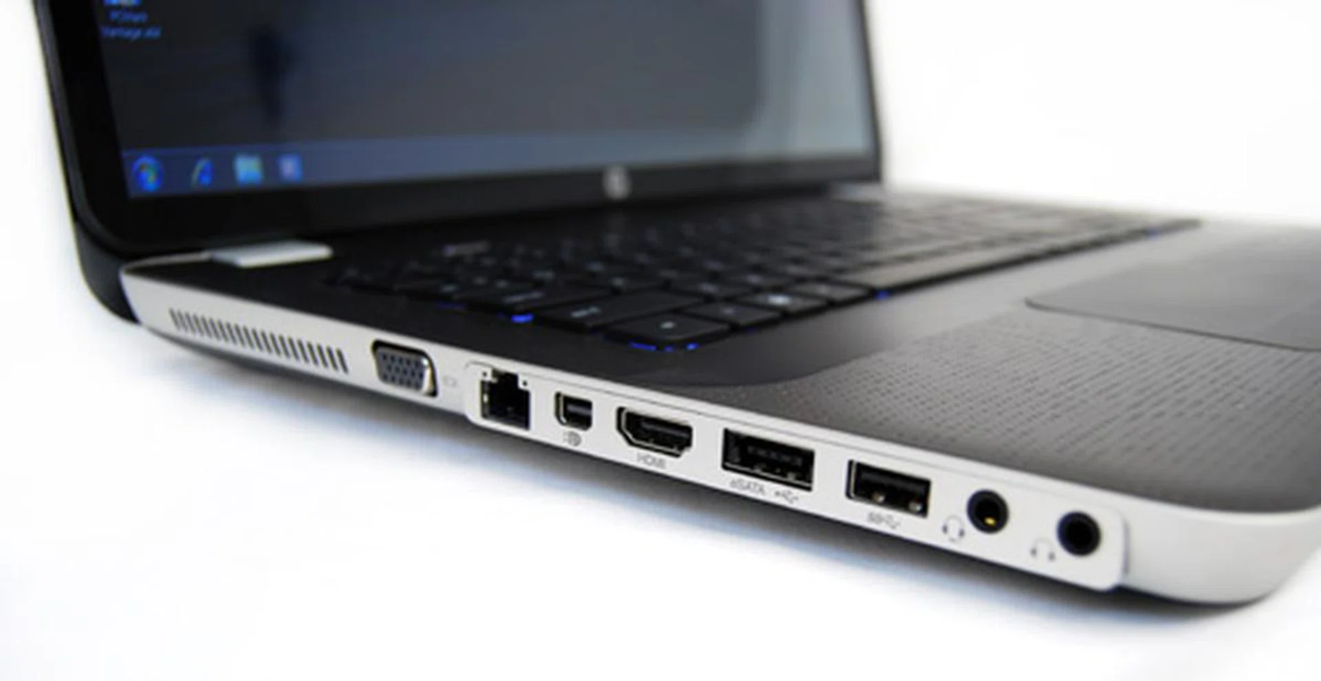 On the left of the machine, you'll find: VGA, RJ-45 (LAN), Mini DisplayPort, HDMI, eSATA/USB combo, USB 3.0, a headphone/microphone combo port and a headphone port.