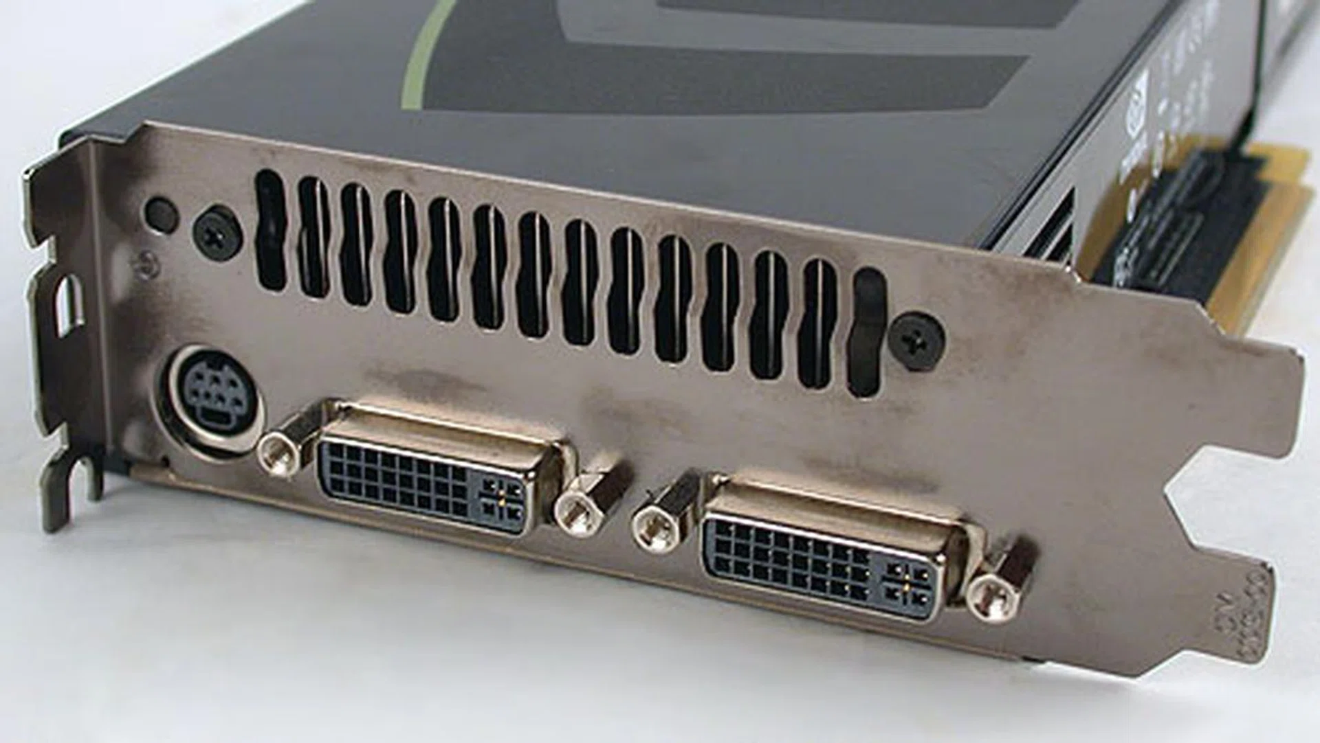 The usual dual-link HDCP compliant DVI outputs and a 7-pin mini-DIN output. No DisplayPort is found on the reference board, though it is supported and may be found on some vendors' offerings. Importantly, the GTX 200 can output 10-bit color (up to a billion colors), an improvement from 8-bit before.