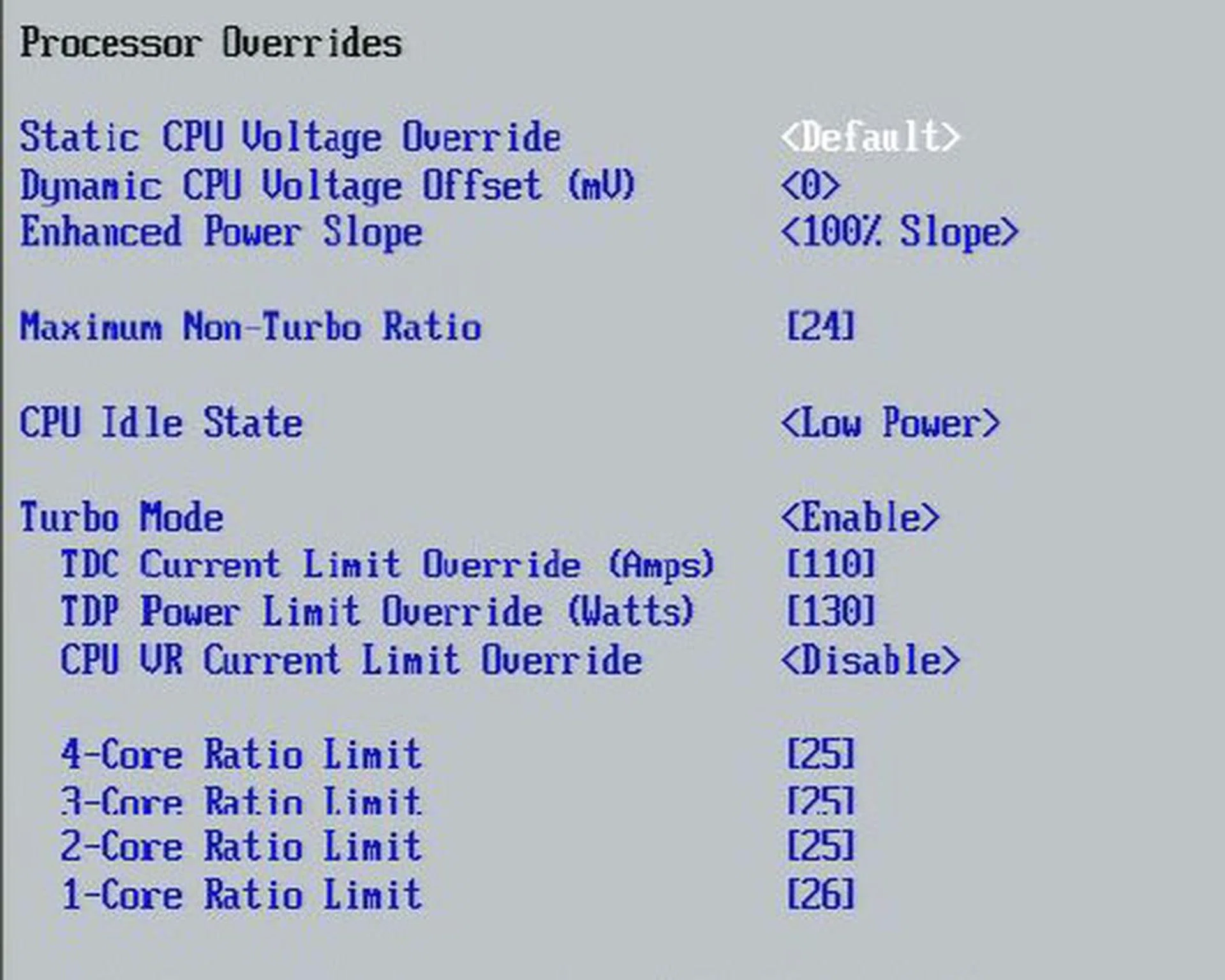 The 4 different CPU ratio limits here for different core configurations is part of the Turbo Mode option available on the Core i7, where you can set different clock speeds depending on the number of active CPU cores. This means that with fewer cores, you can set higher clock speeds while maintaining the thermal envelope of 130W.