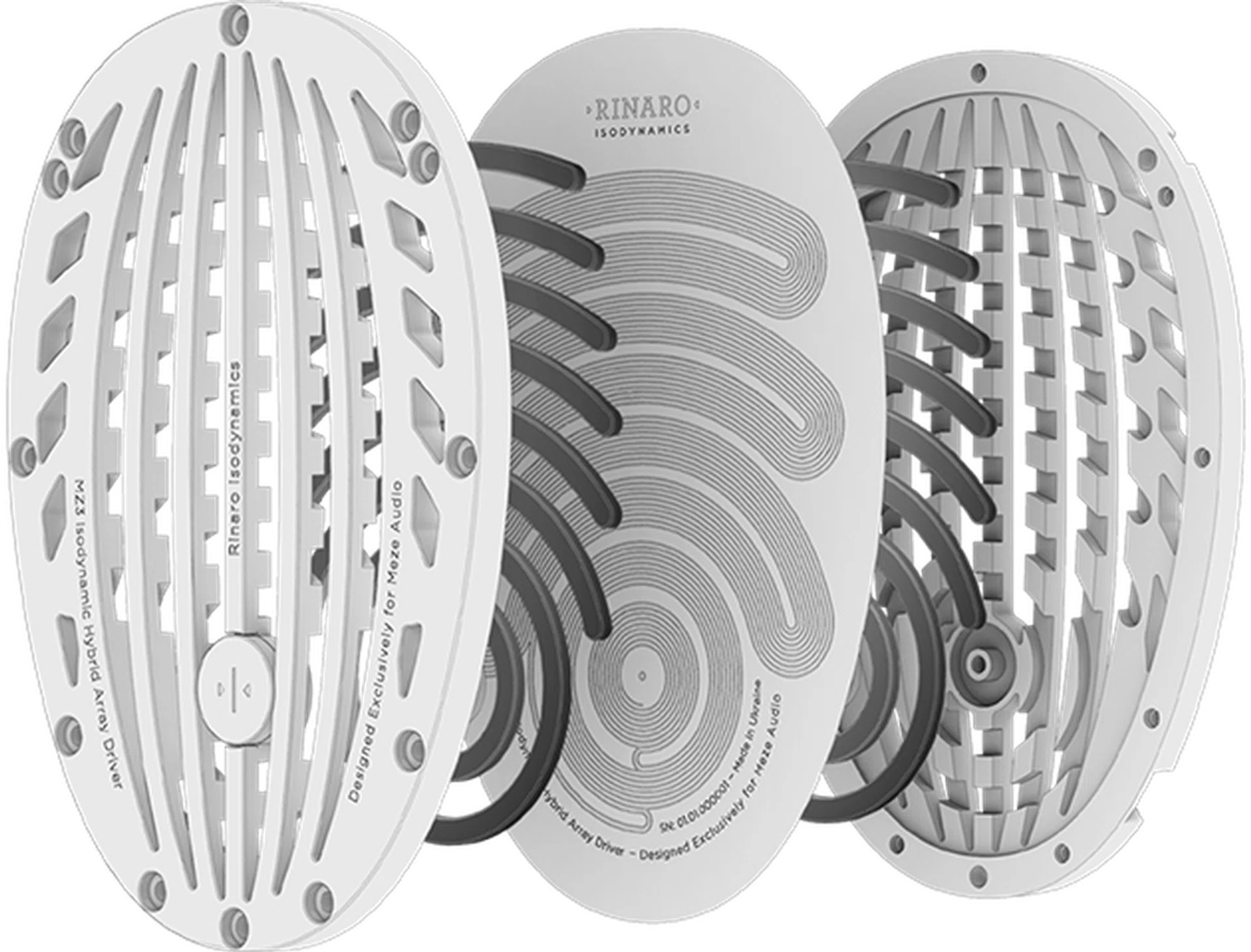 An exploded diagram of the driver. Notice the trace patterns on the diaphragm and how there's a switchback pattern at the top and a spiral pattern at the bottom. (Image source: Meze Audio)
