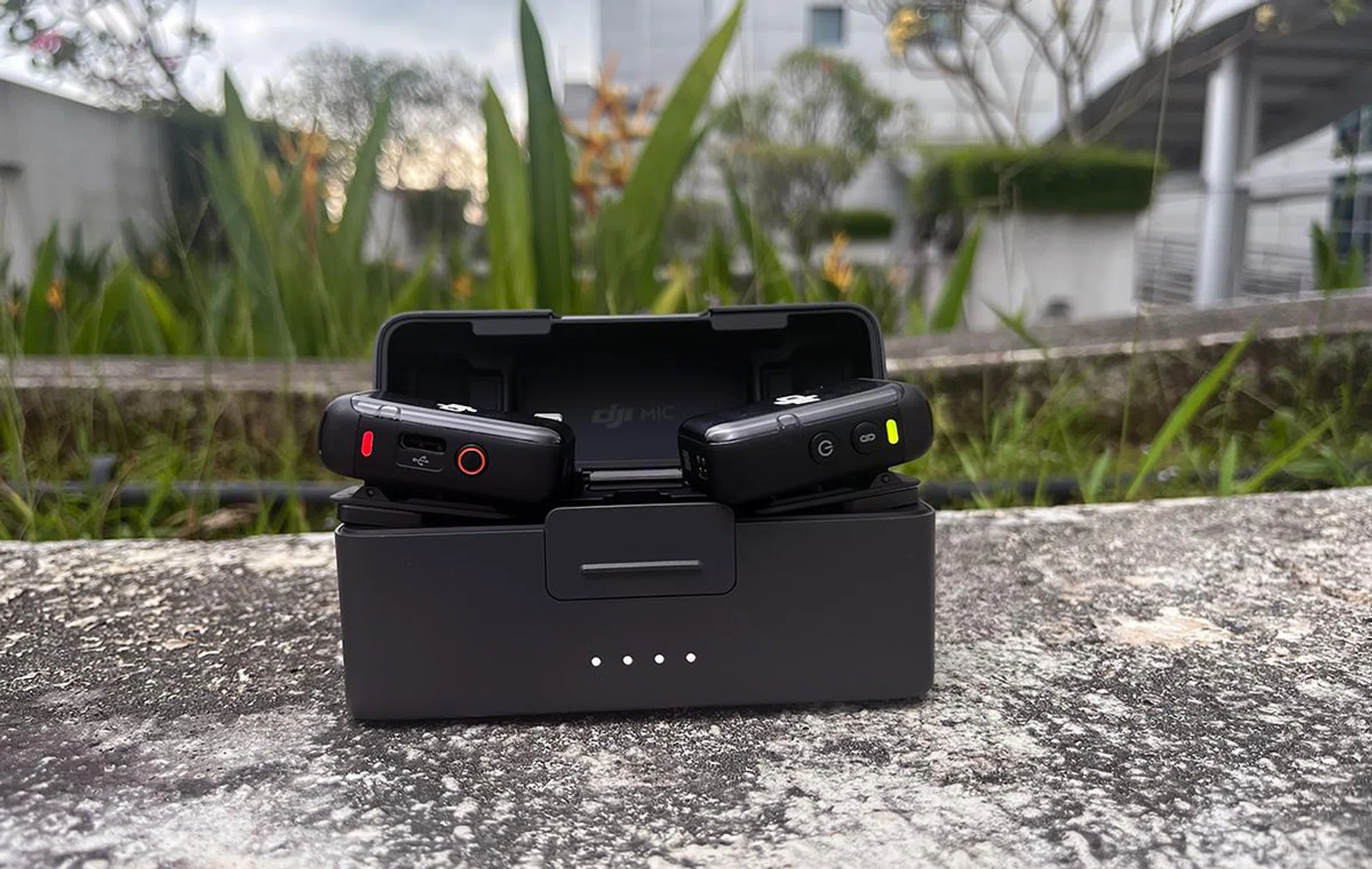 The full combo comes with two transmitters, a receiver, and the charging case.