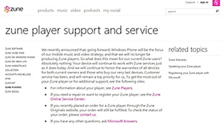 The original message on the Zune website stating the demise of the portable music player. (Source: PCmag.com)