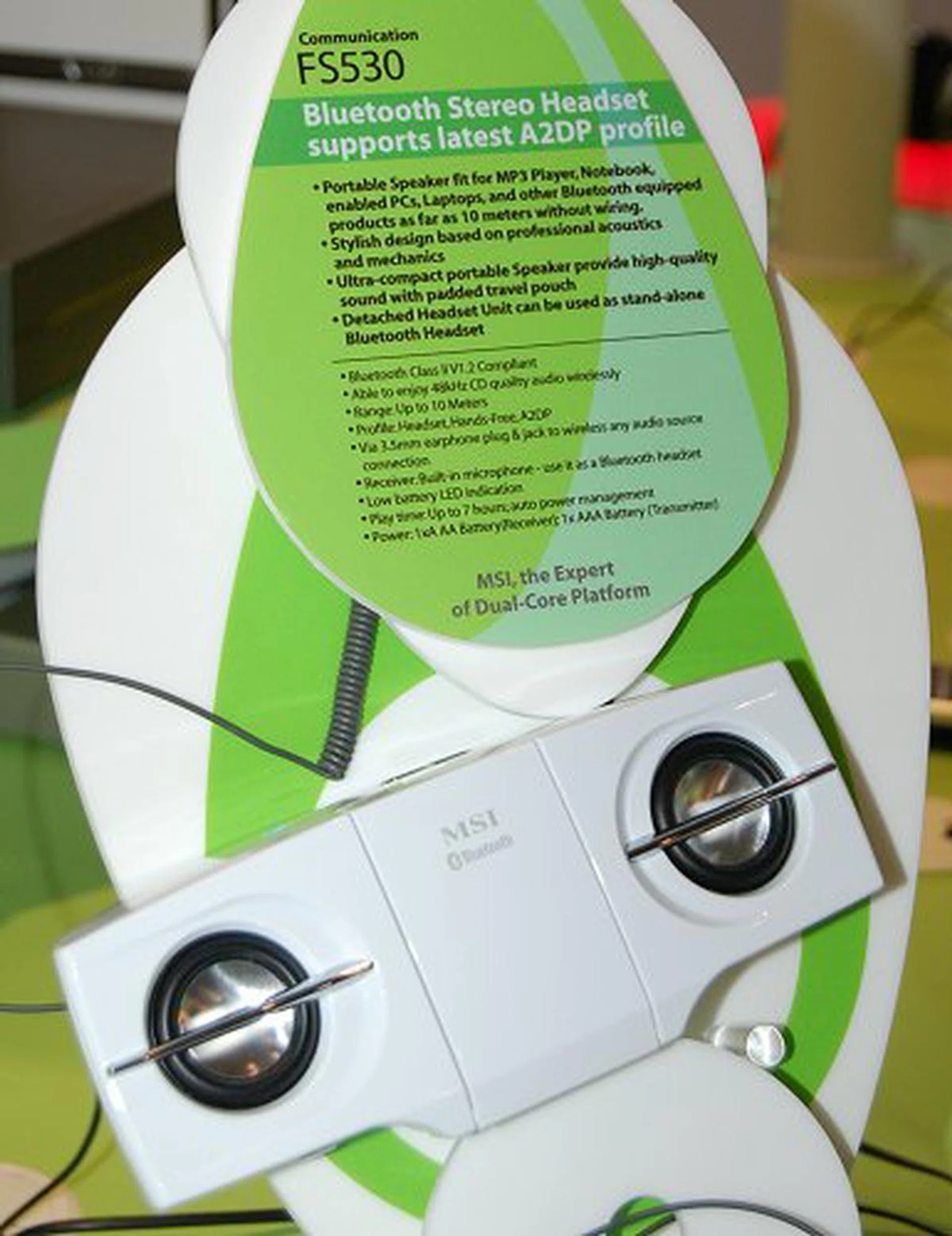 Also supporting A2DP Bluetooth profile for wireless stereo audio is the FS530 Bluetooth stereo speaker/headset unit. Unique about this mobile system is that the headset unit can be detached and used as a stand-alone Bluetooth headset when required.