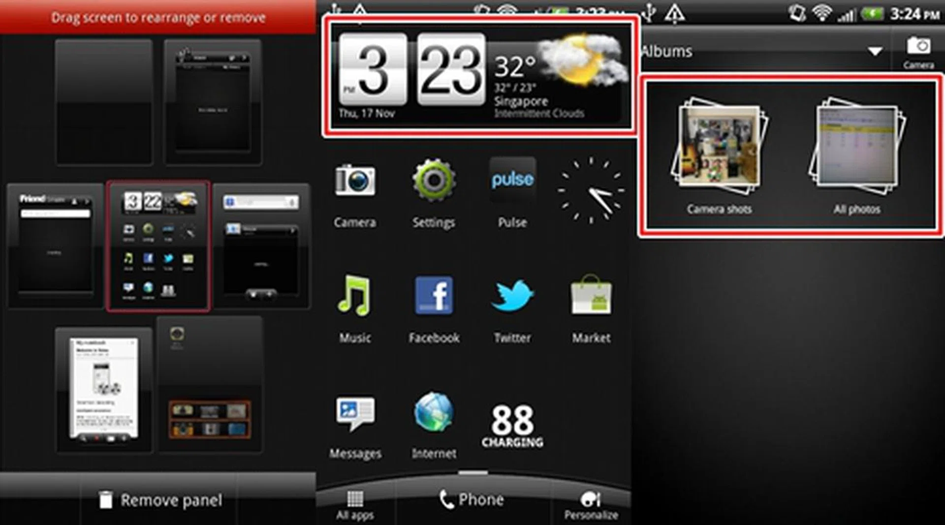 From left to right: removing home screen panels, a more streamlined Weather widget, redesigned Gallery