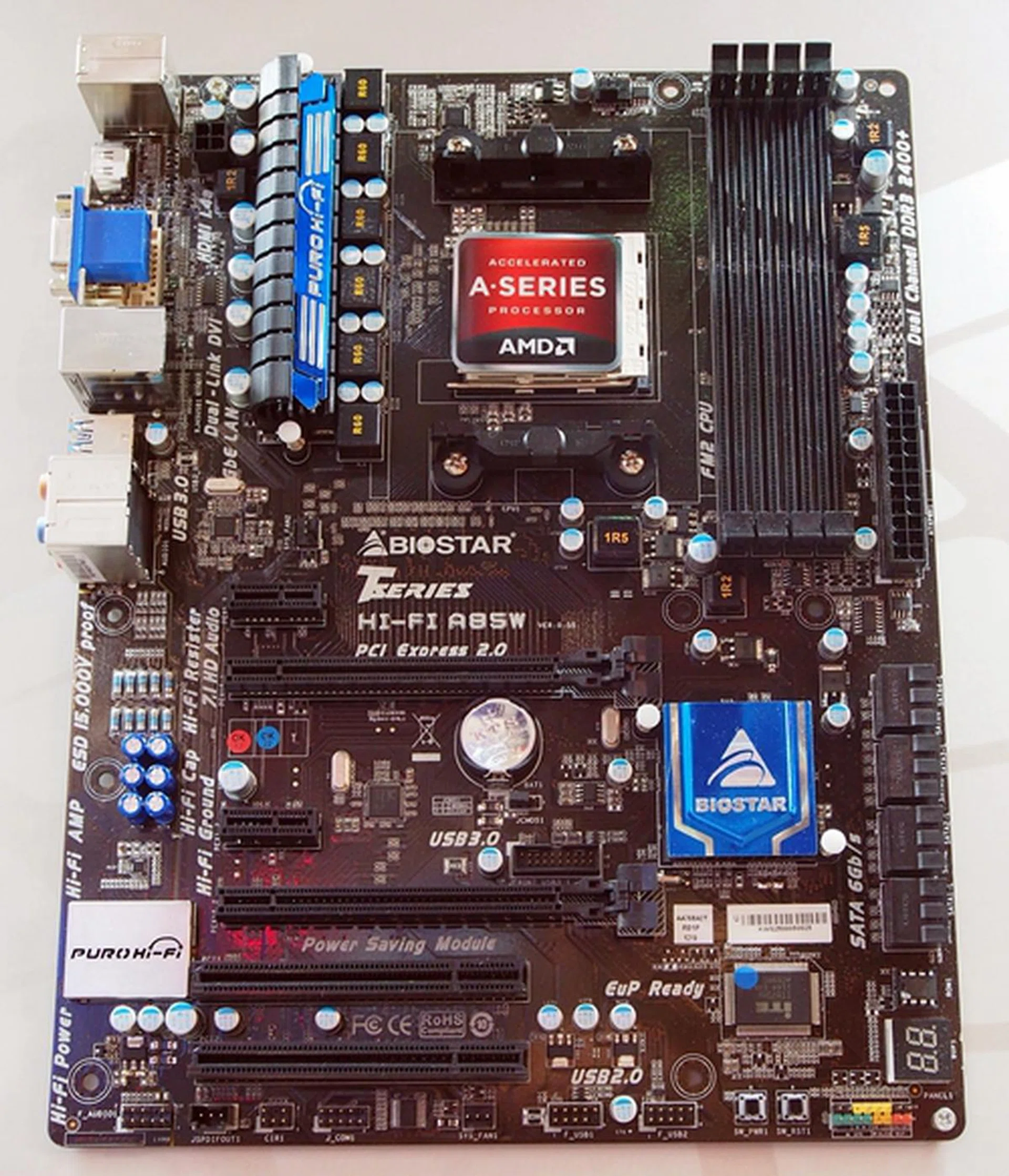 The board has four DIMM slots that supports up to 32 GB of dual-channel DDR3-2400+ memory. It has two PCIe 2.0 x16 slots, PCIe x1 slots and two legacy PCI slots. The board has the same standard video ports (HDMI, DVI-I and D-Sub) as its mATX counterpart; however, it has eight SATA 6Gbps connectors.