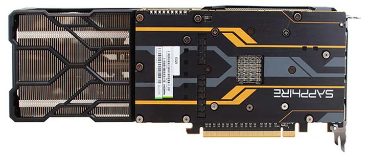The cooling apparatus extends beyond the PCB. The card also features a solid aluminium backplate for extra support. (Image Source: Sapphire)