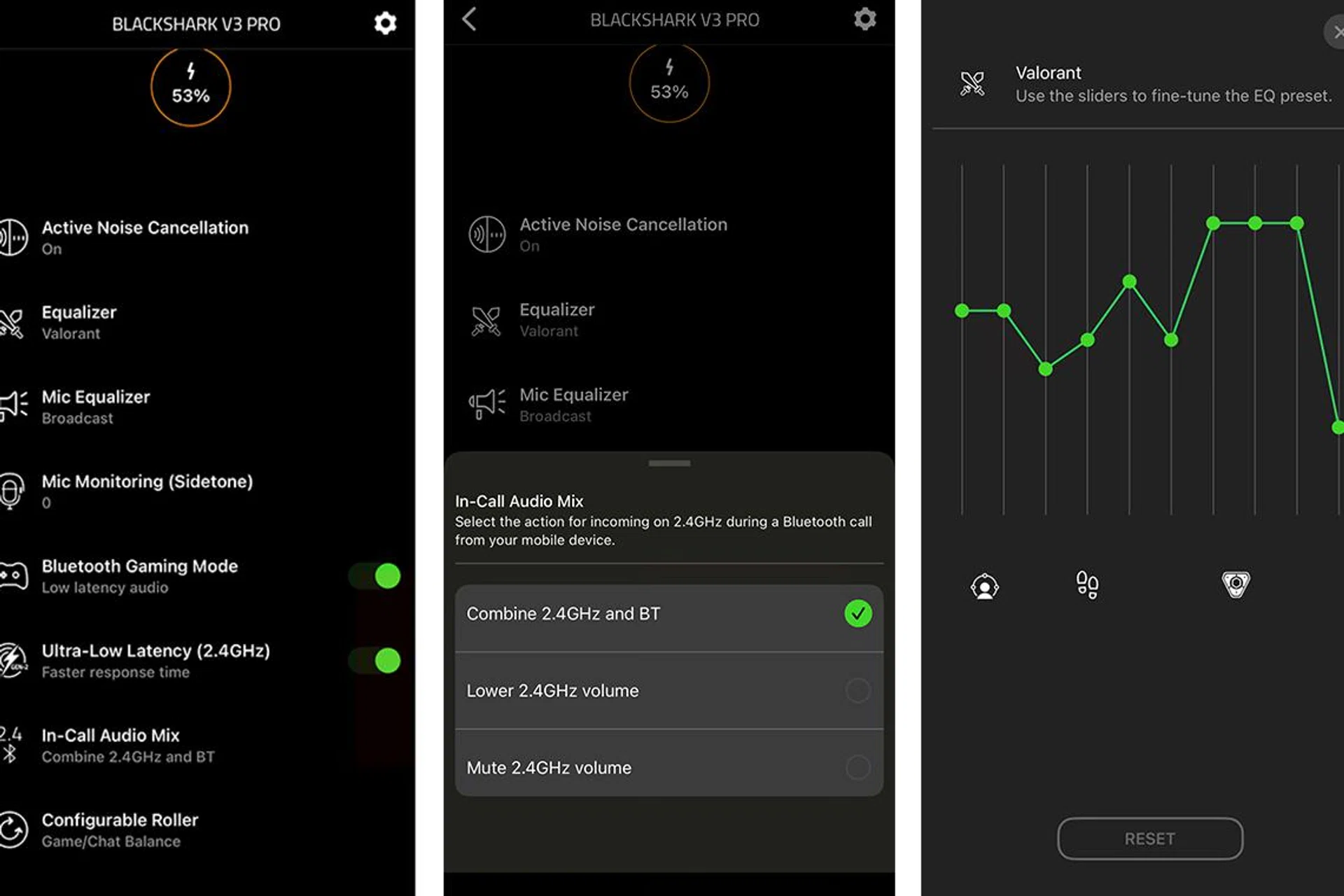 BlackShark V3 Pro customisable settings in Razer Audio mobile app 