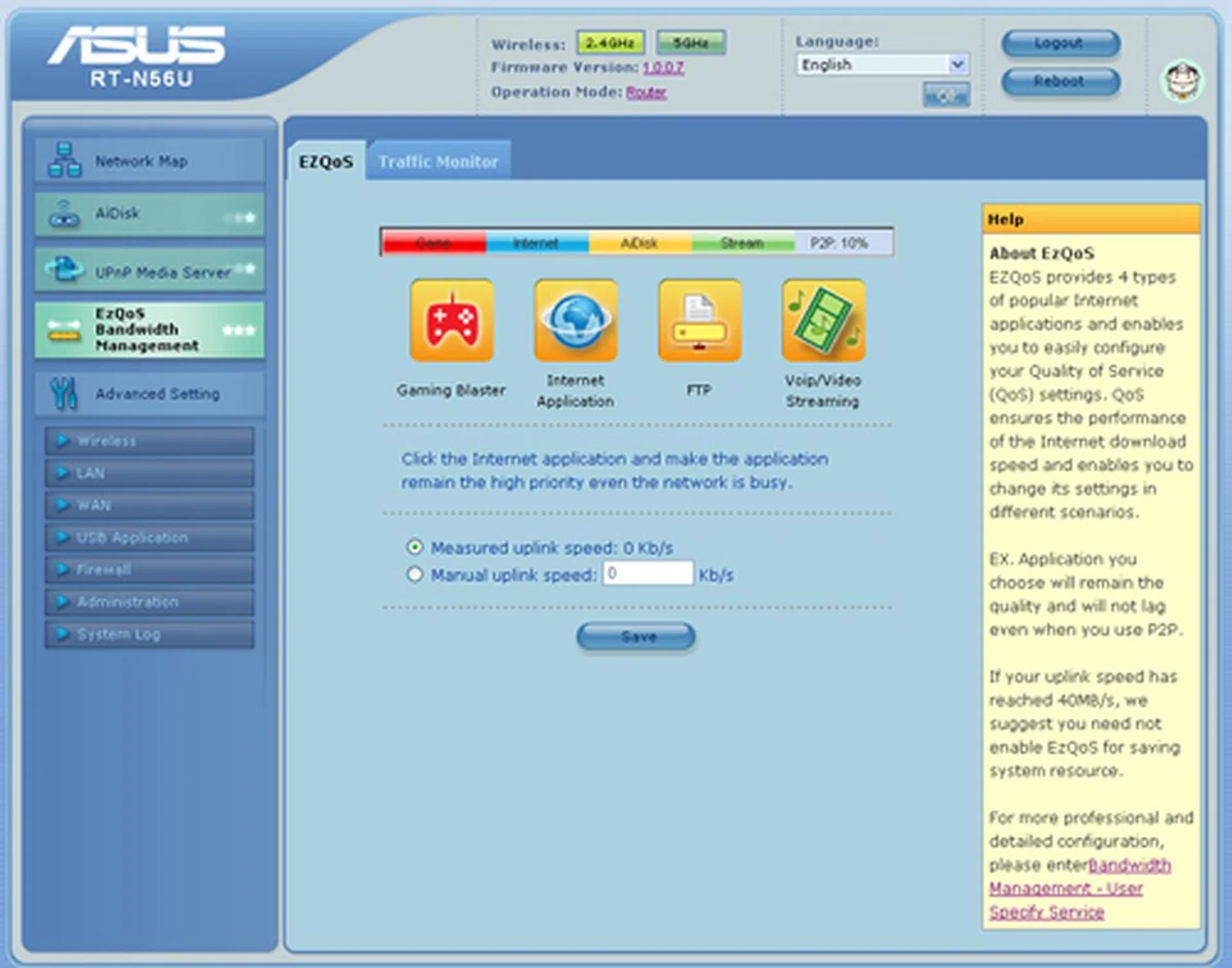 To prioritize applications on EzQoS, click on the relevant icon to give it precedence over the others as shown. By default, priority is given to P2P applications if nothing is selected.