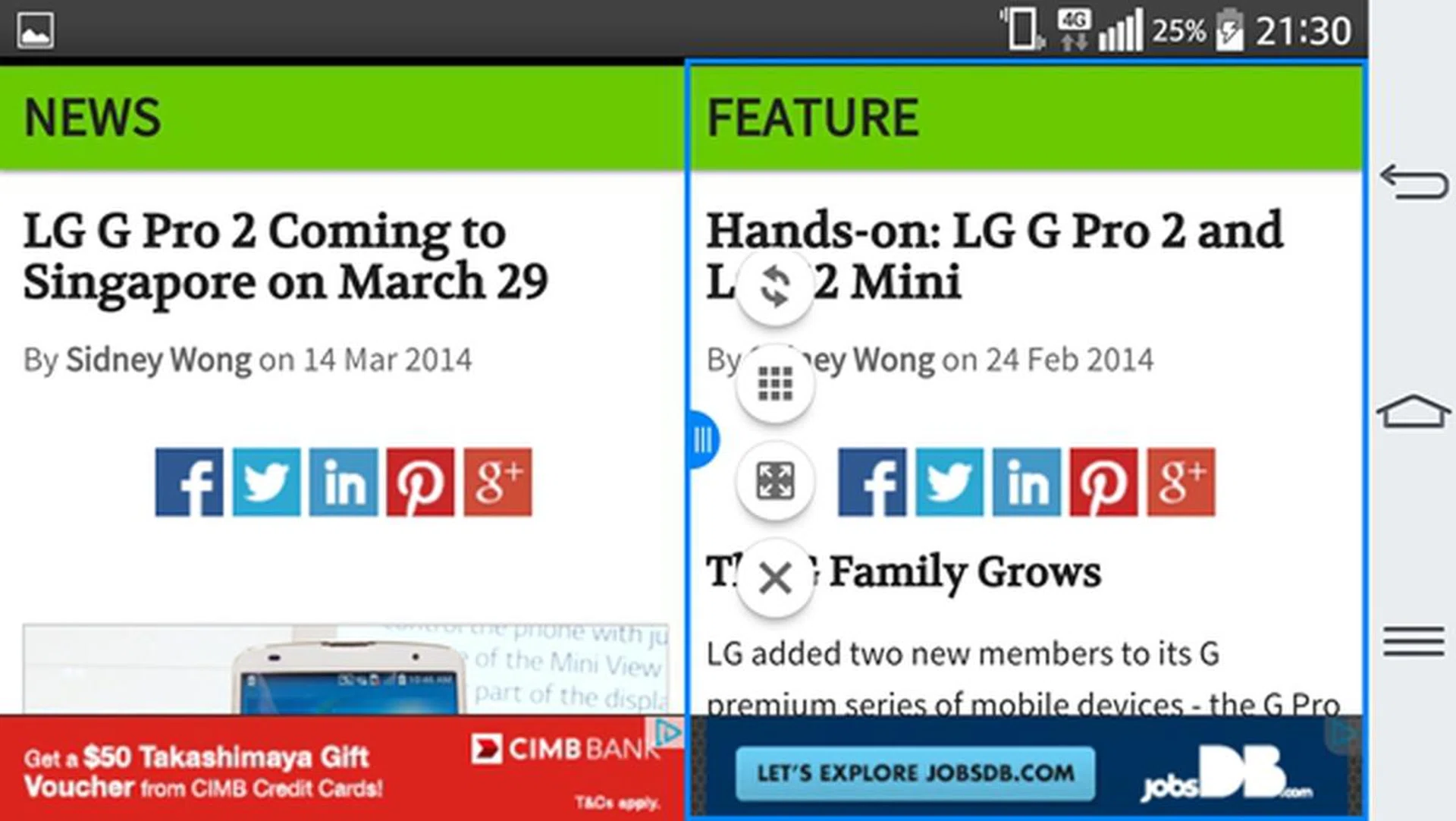 You can run two windows of the same app together. The blue icon in the center allows you to switch the two screens, view app list, open full screen or close the last app.