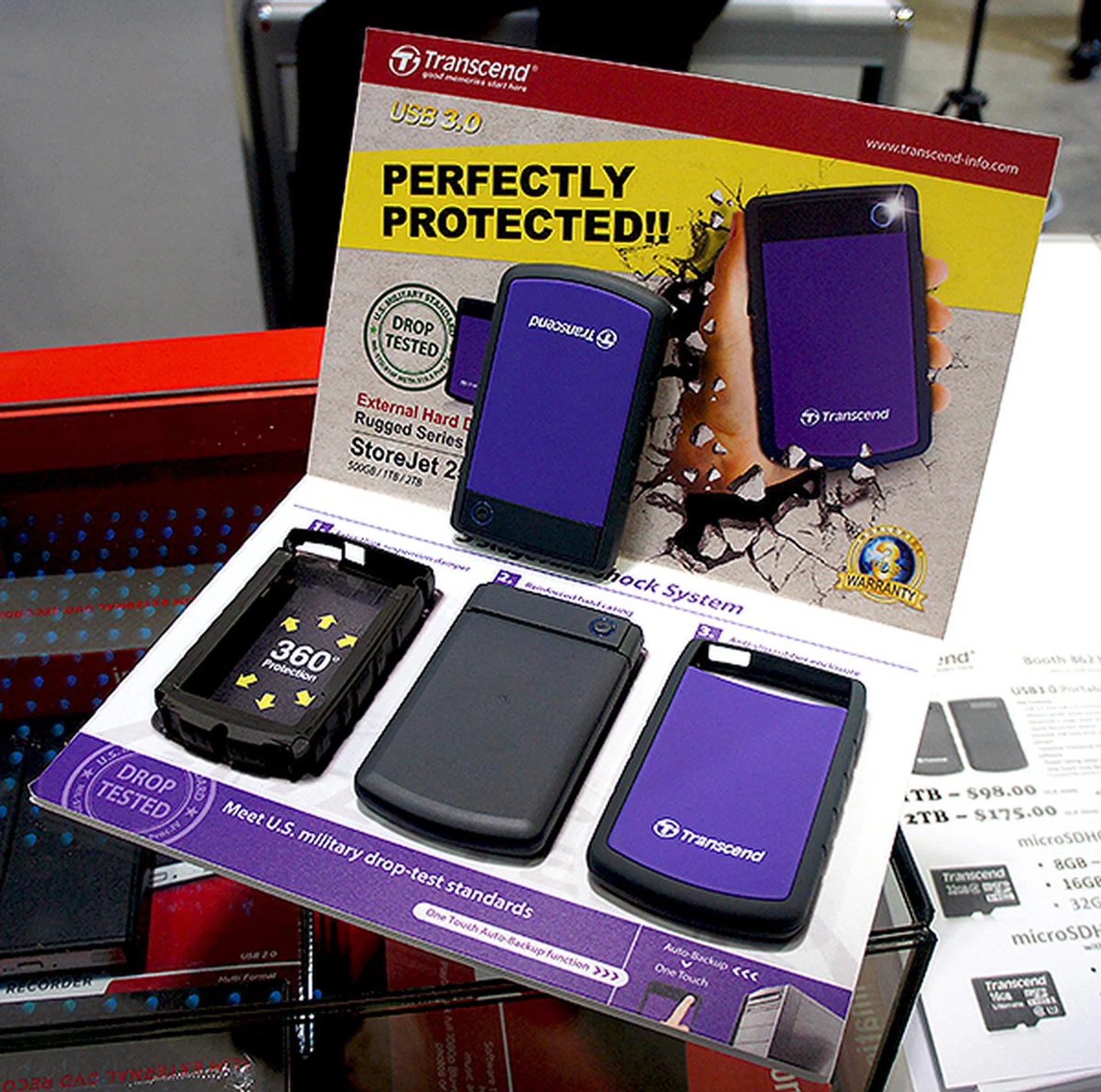 For the rugged traveler, Transcend presents its latest USB 3.0 portable hard disk drive, which offers military-grade shock resistance and Transcend Elite data management software. The 1TB model is going $98, while the 2TB costs $175.