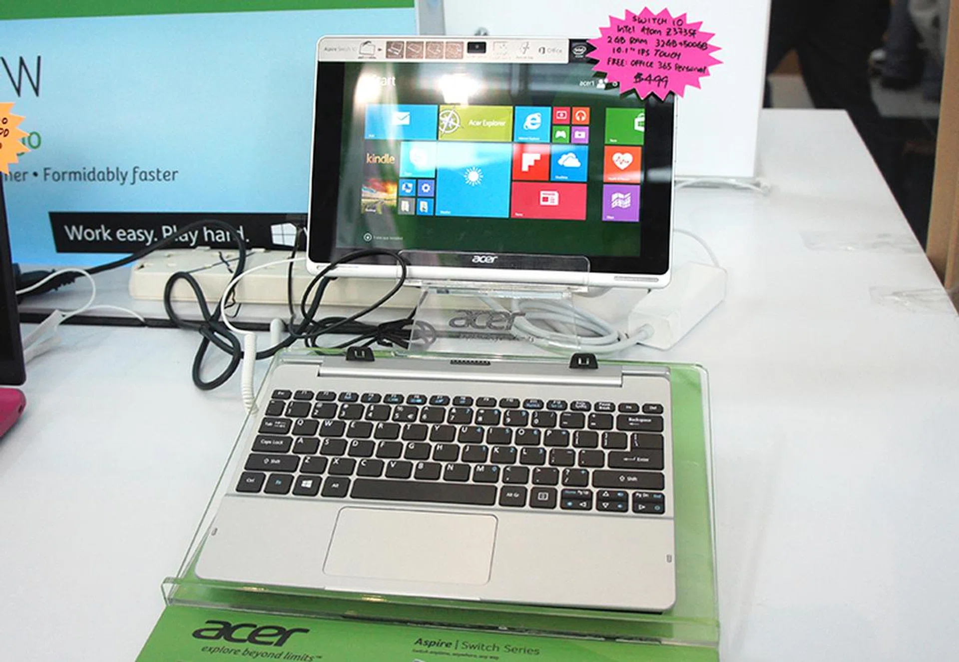 If you are looking for an affordable hybrid notebook, the Acer Aspire Switch 10 is a good place to start. It is powered by an Intel Atom Z3735F processor (1.33GHz, 1MB L2 cache) and comes with 2GB of RAM, 32GB eMMC and 500GB HDD. It is priced at just $499 and comes with free anti-virus software and Sennheiser headphones.