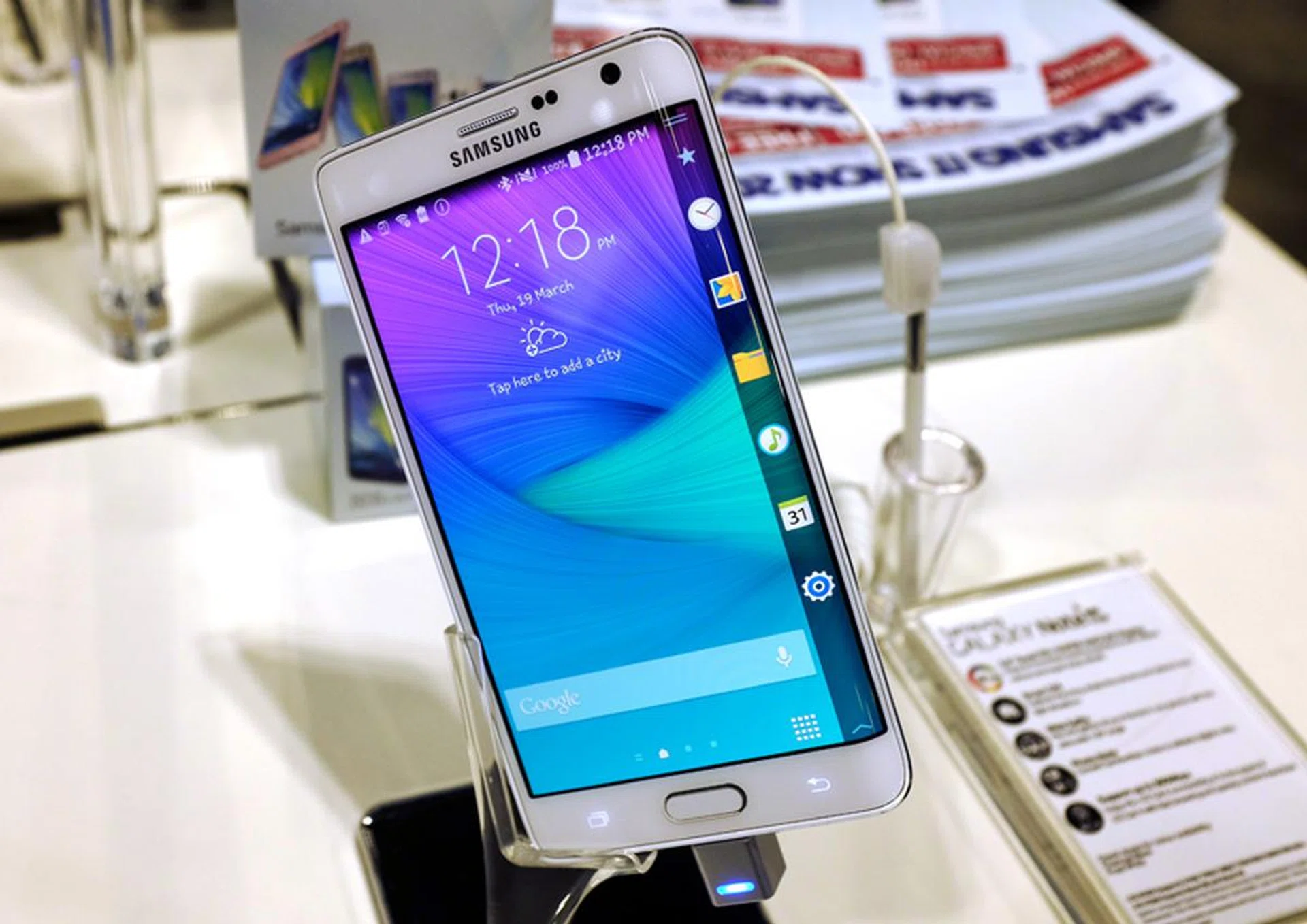 If you're looking for something to stand out from the crowd, consider the Galaxy Note Edge, which is basically an enhanced Galaxy Note 4 with the addition of a curved side screen that aides multitasking and notification functionality. The Note Edge normally retails for $1,248, but can be picked up at Samsung's booth for $1,148, and comes with a free flip wallet, vehicle dock, and 9,500mAh battery pack.