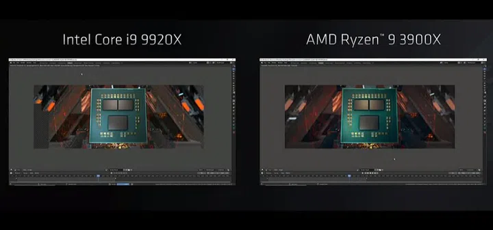 Running a demo on Blender's content creation suite, AMD completes the task in 32 seconds vs. Intel's 38 seconds.