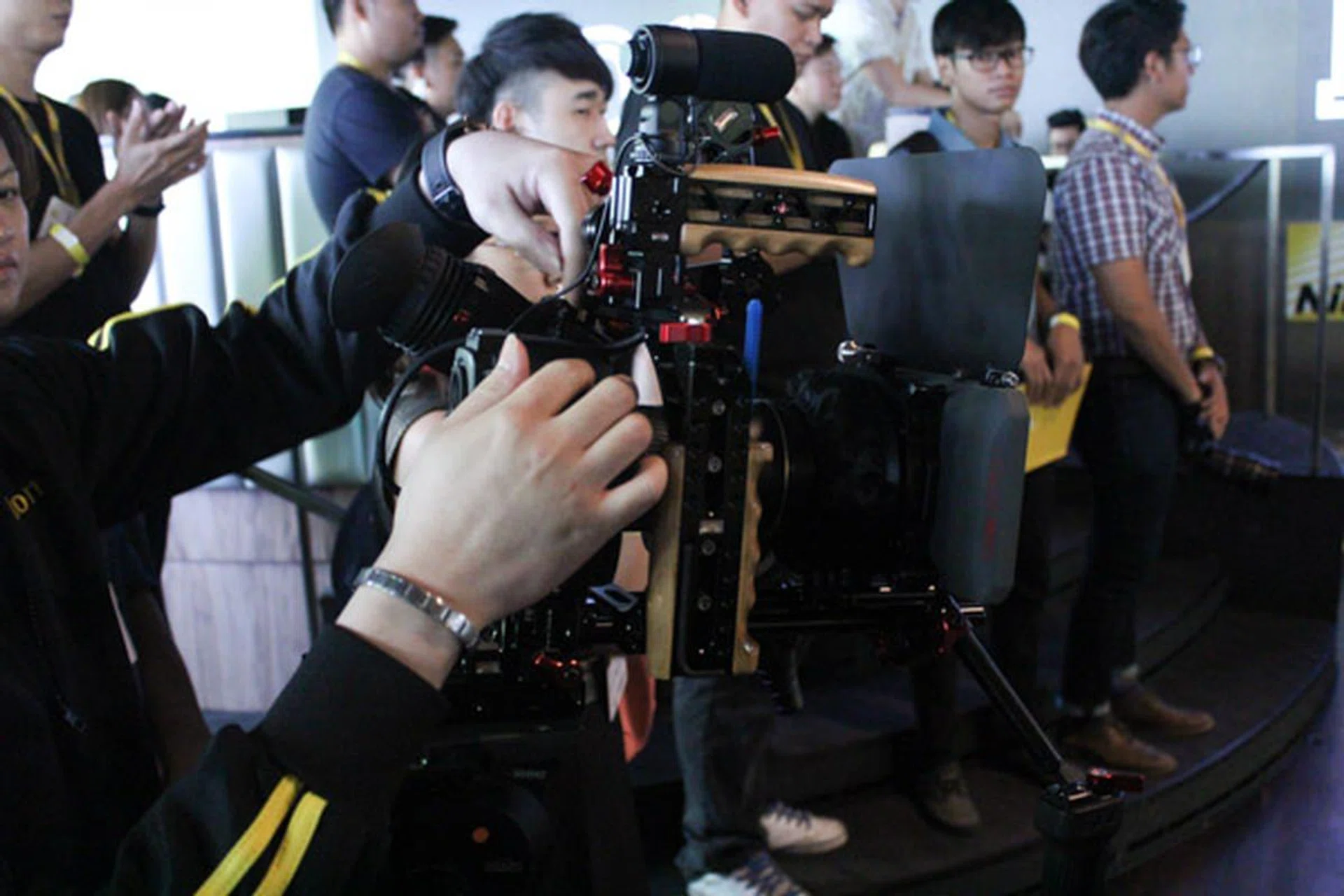 In the field - a fully hooked up D810 with external mic, viewfinder, lens hood and more.  
