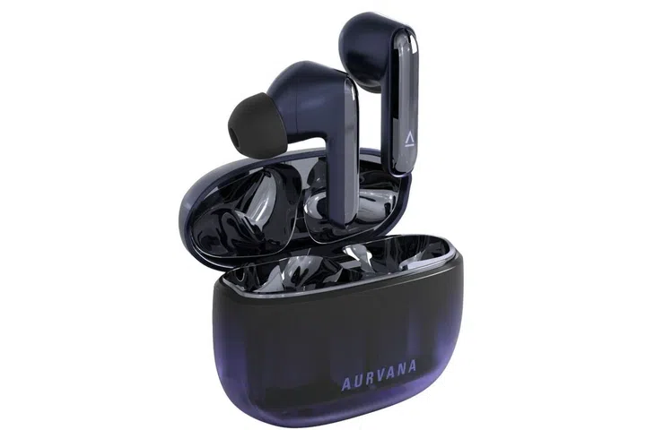 Product shot of the newly launched Creative Aurvana Ace 3 with the earbuds out of the blue translucent casing. 