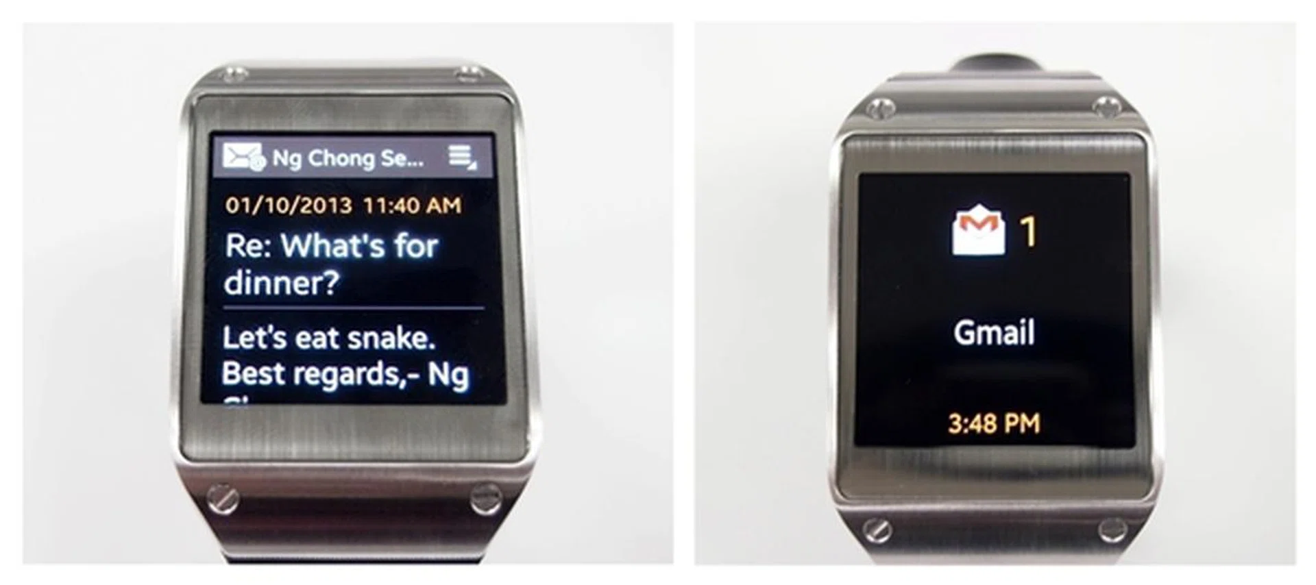 You must use the default Email app (left) on the Samsung Galaxy Note 3 to view the content of the email on the Galaxy Gear. If you use other email apps such as Gmail (right), the Gmail logo with a number count will appear.