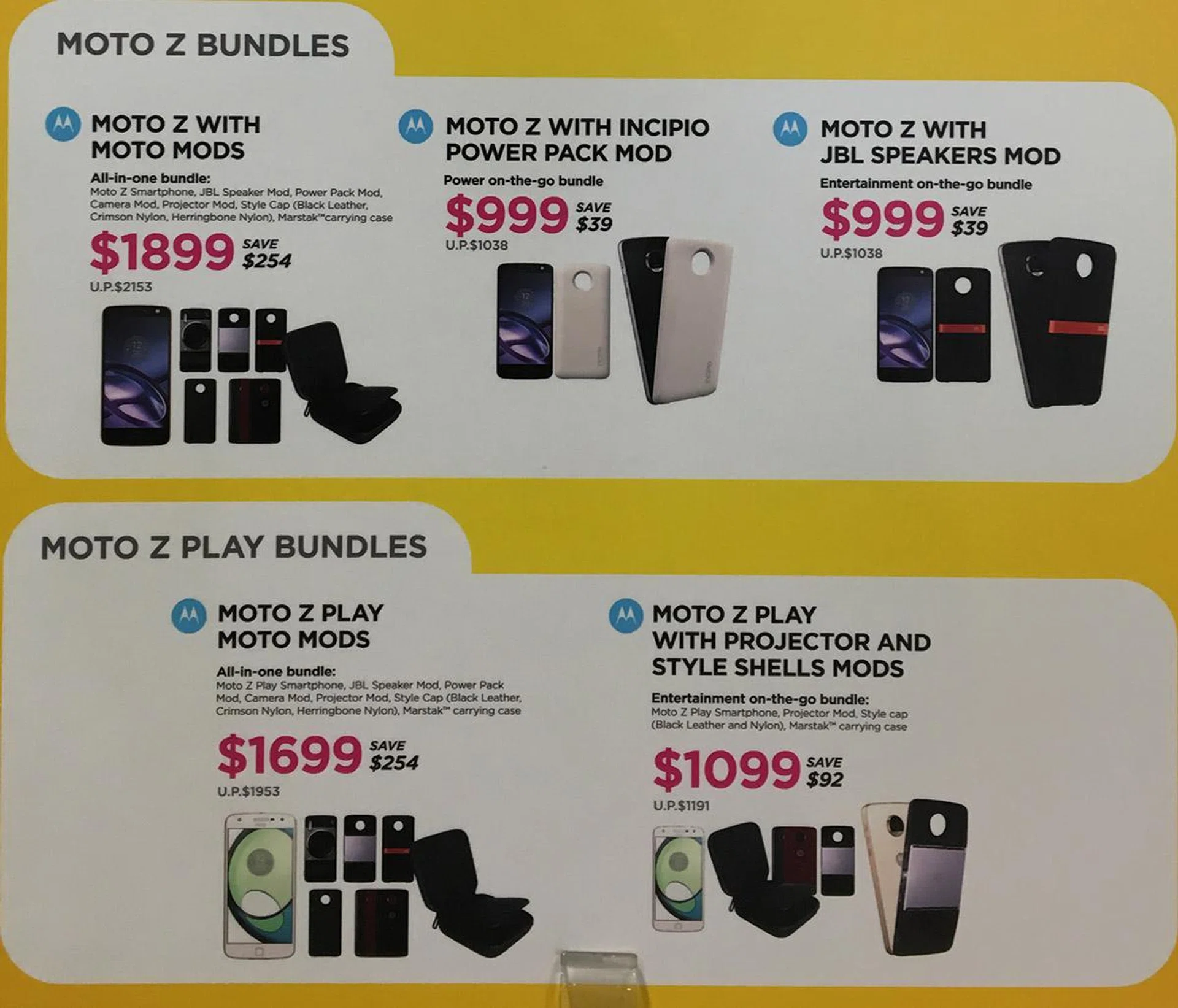 Here are some of the Moto Z + Moto Mod bundles you'll find at the show. (Click for larger image.)