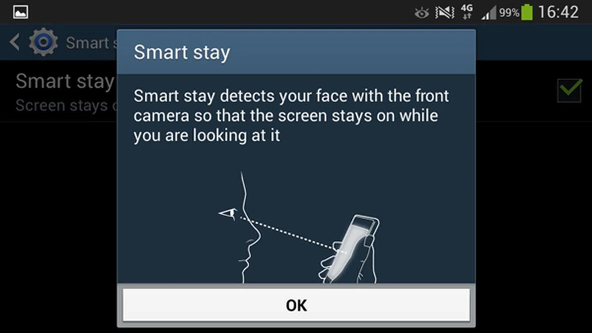 Smart Stay makes use of the front-facing camera to detect whether you are looking at the display.