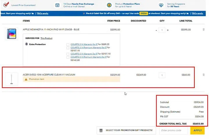 The screenshot shows what the consumer sees when clicking into the cart. The vacuum cleaner is shown as a “Promotion item” (as indicated in the red box in the middle), and its price is included in the order total (as indicated in the red box at the bottom-right). The consumer may unknowingly pay for the vacuum cleaner if he does not notice and remove it before checkout.