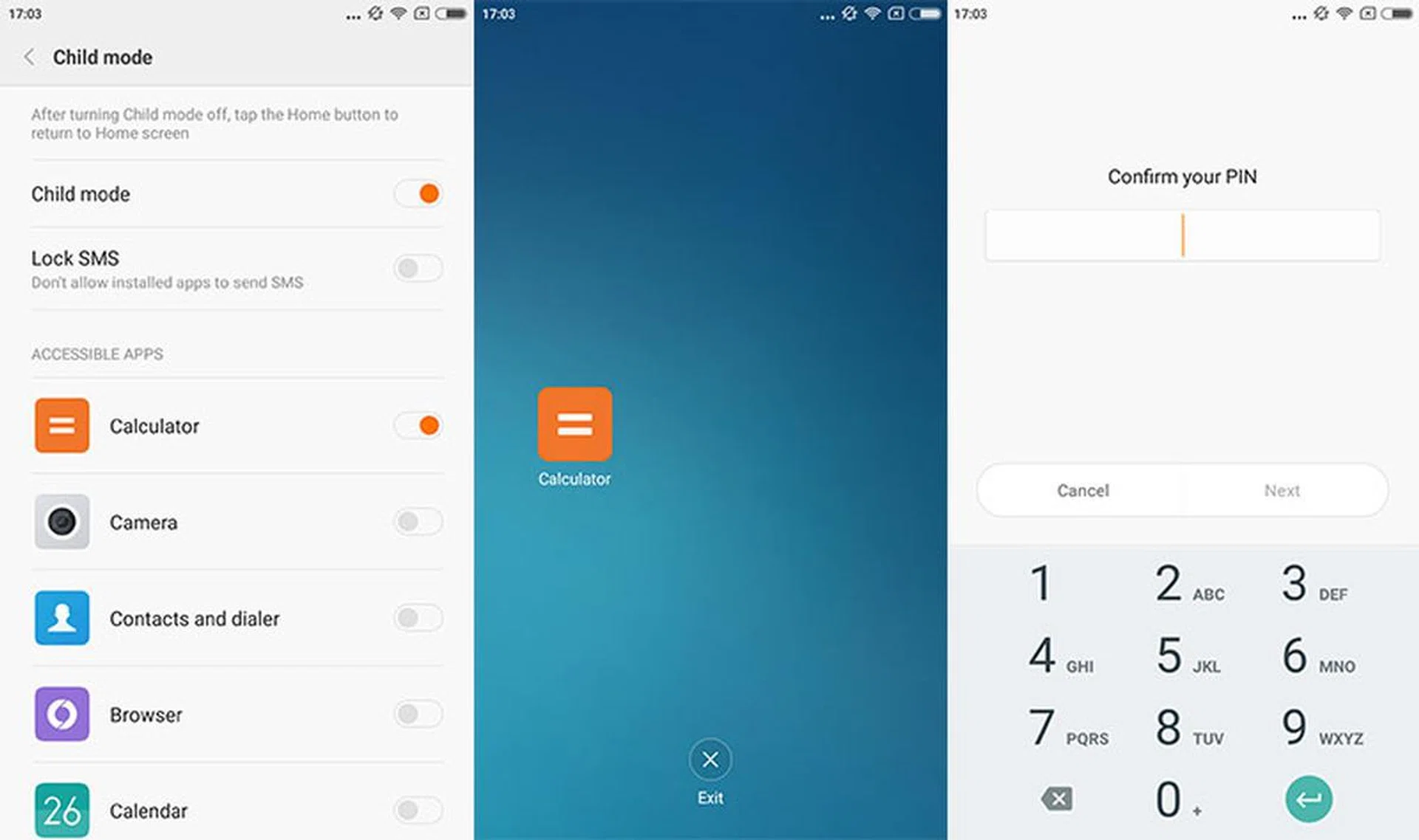 In the new Child Mode, I select only the Calculator app. Once I exit this screen, only the Calculator app can be used on the Home screen. The only other control is the Exit button, and you’ll need to key in a pre-selected password to exit back to the phone’s full functions.