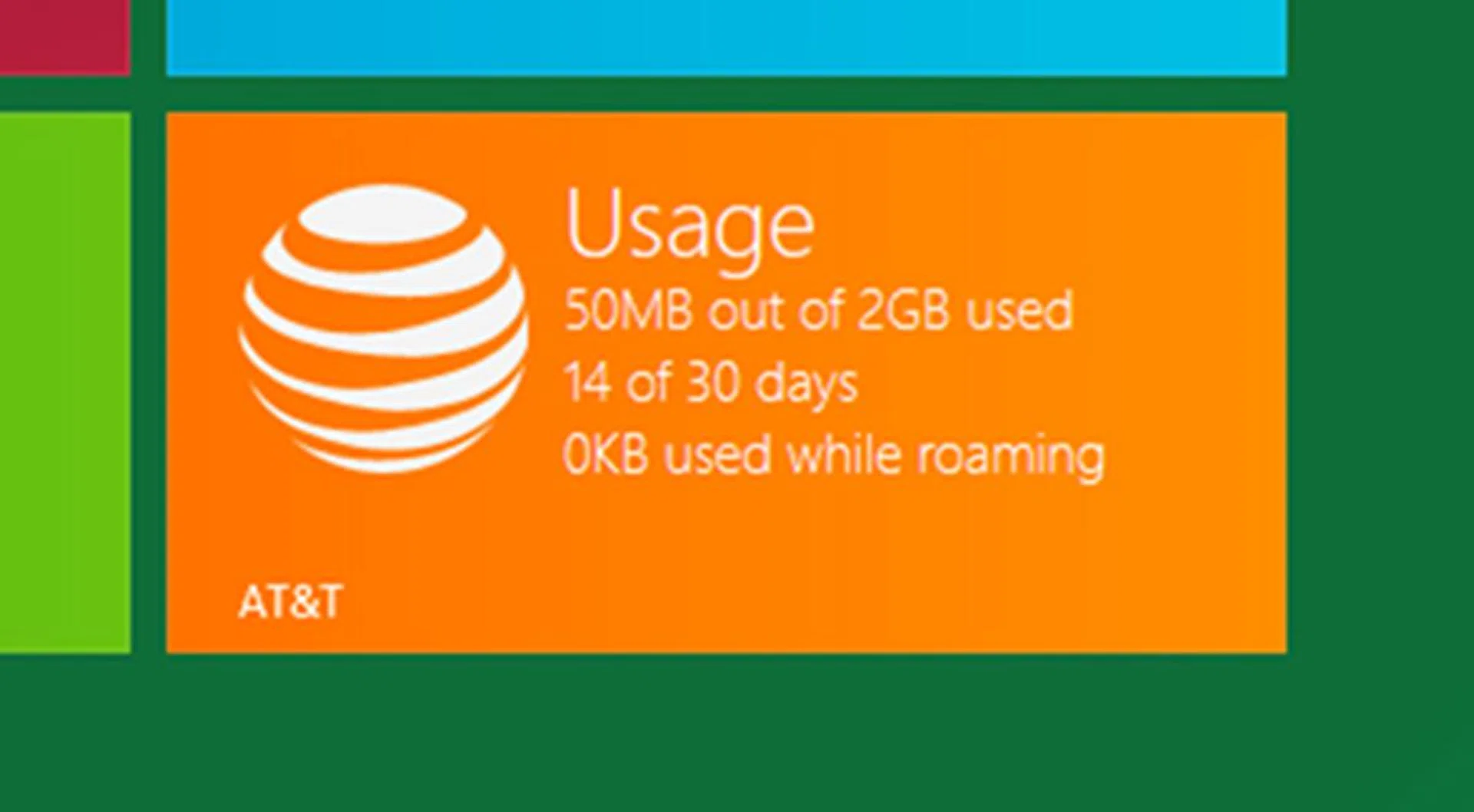 In this example, the mobile operator's application tile is showing data usage information. (Image Source: Microsoft)