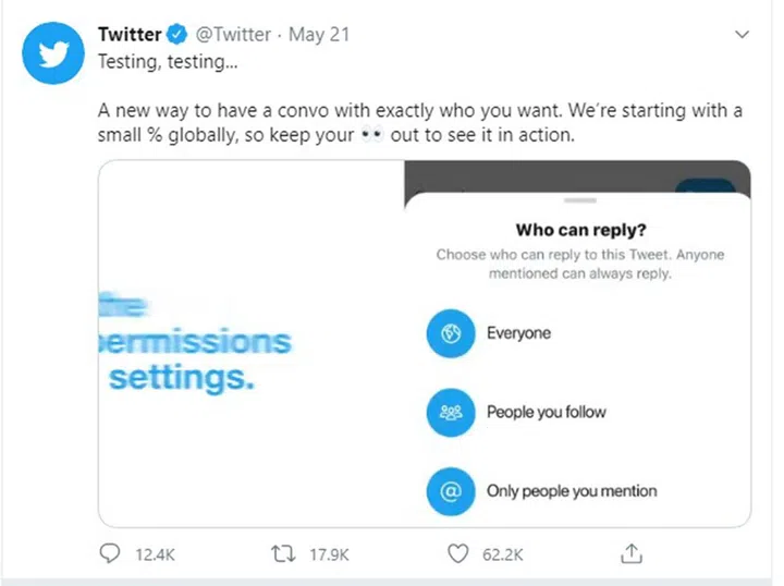 Twitter's new 'limit conversation' functionality is tested across selected users.