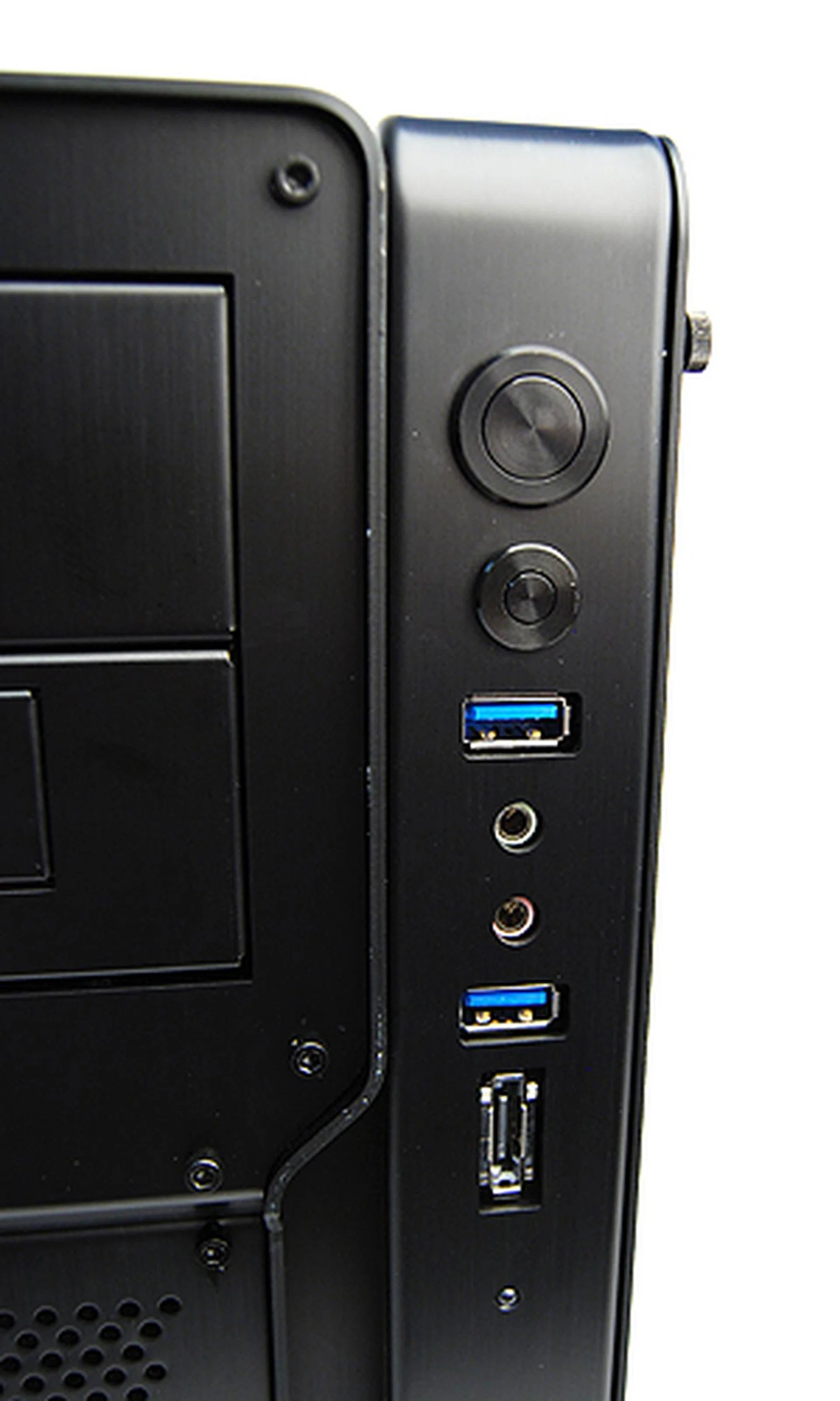 All in one neat column: the power and reset buttons, two USB 3.0 ports, an eSATA port, headphones and microphone jacks.