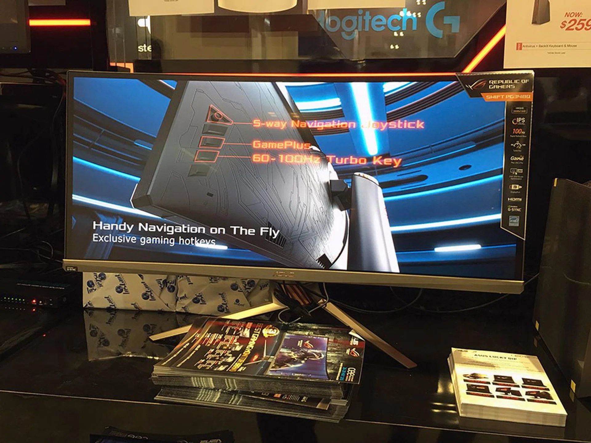 The ASUS ROG Swift PG348Q is a 34-inch curved monitor with an ultra-wide QHD resolution (3,440 x 1,440). It supports HDMI and DisplayPort video inputs, has four USB 3.0 ports, as well as a built-in speaker. Going for $2,009, and comes with a free HDMI cable and World of Warship in-game items.