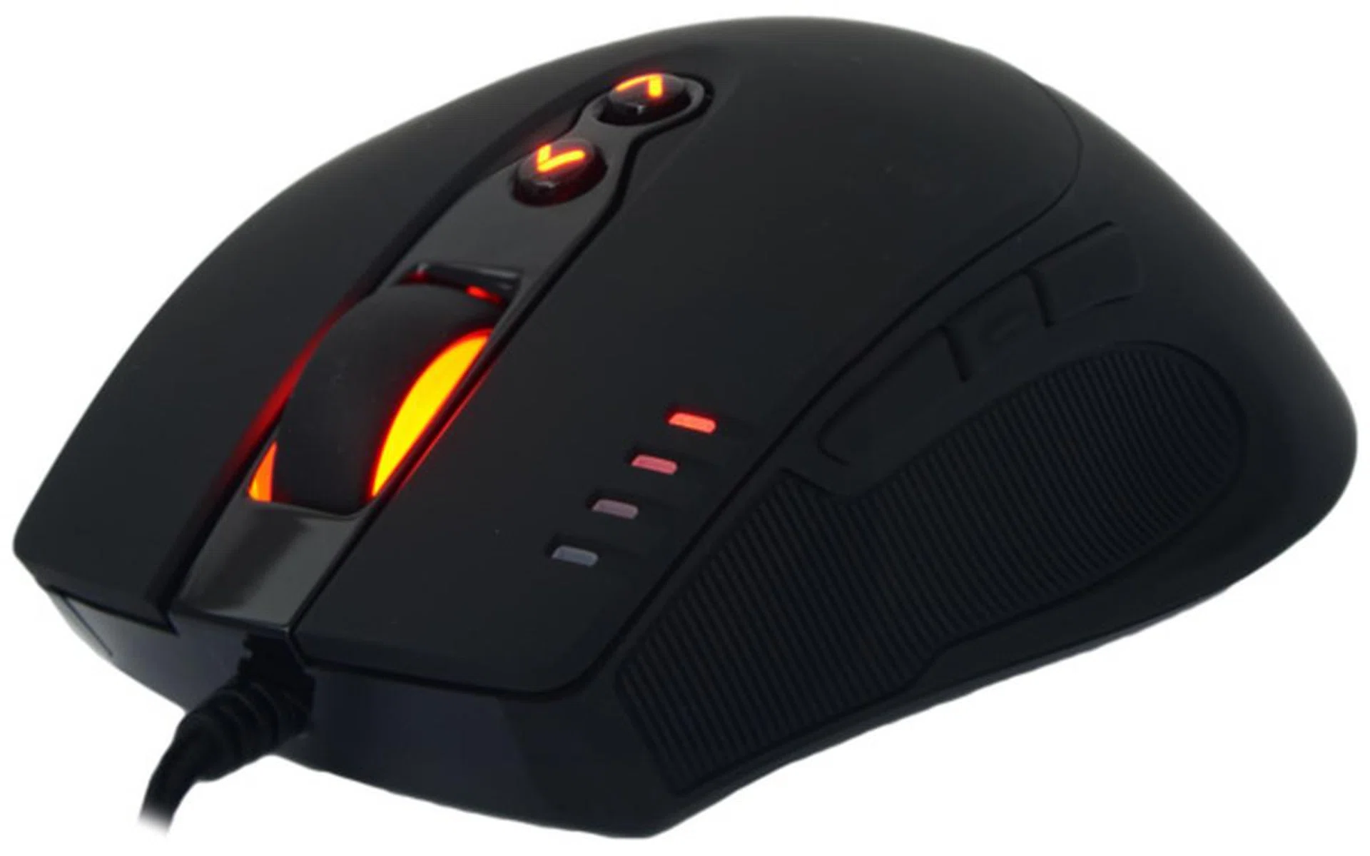It features a DPI setting indicator so that you'll always know which setting you're utilizing at a moment's notice. Also notable from this view is its angled rubber grooves to provide a solid grip as well as comfort for your thumb.