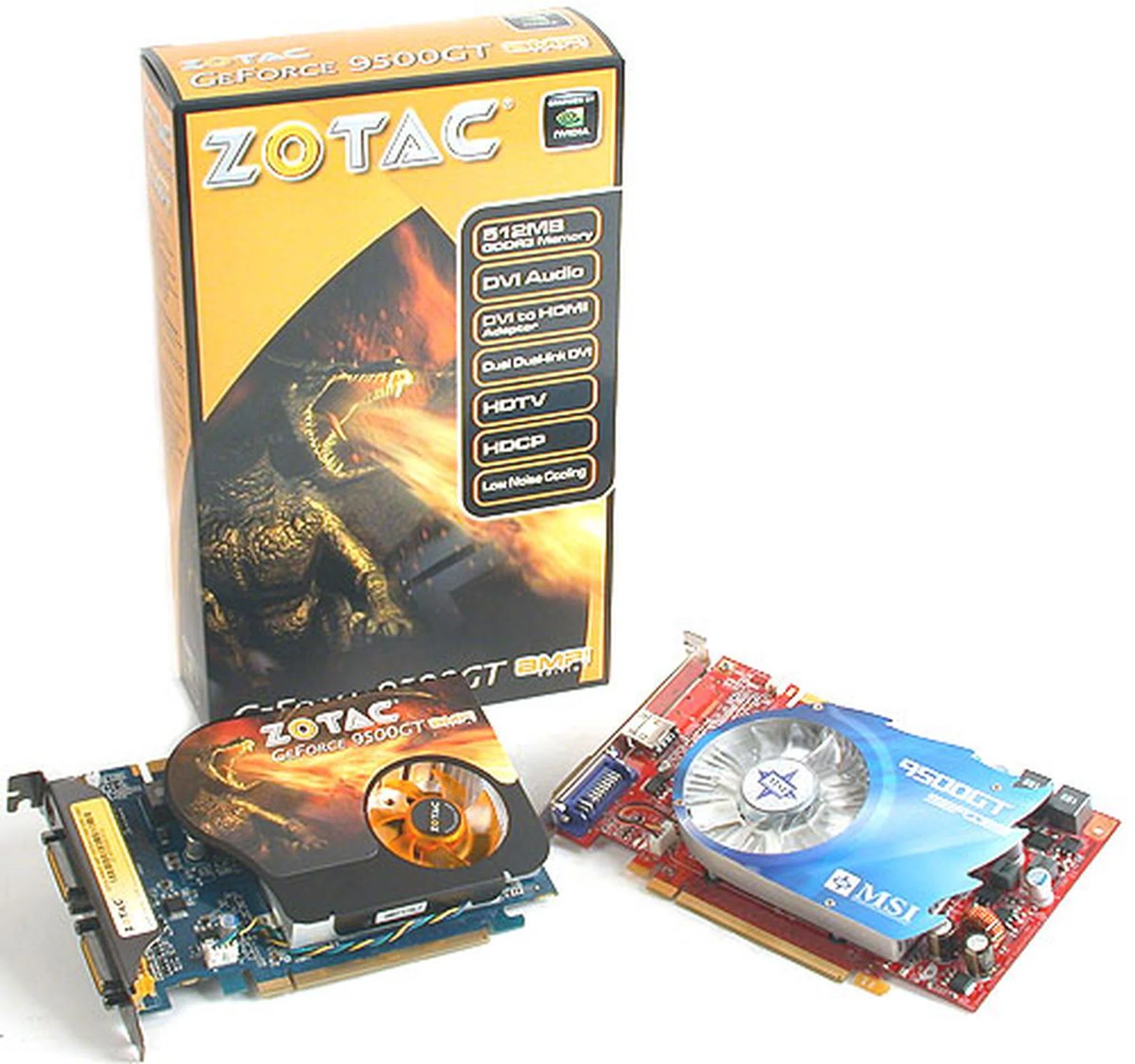 The cheaper the graphics card, the smaller the box packaging. Here we have a retail and overclocked version from Zotac, along with an early production model from MSI (reference clocks). 