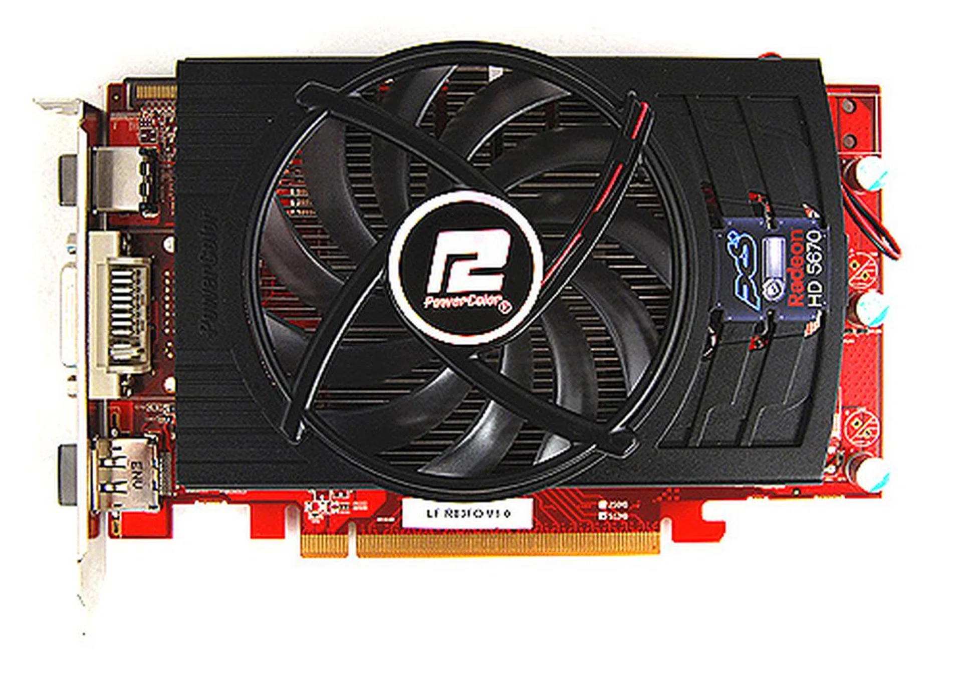 The PowerColor HD 5670 PCS+ has a cooler that is similar in design to the ASUS EAH5670's, but its fan is easily the largest of the lot, measuring in at a whopping 85mm.