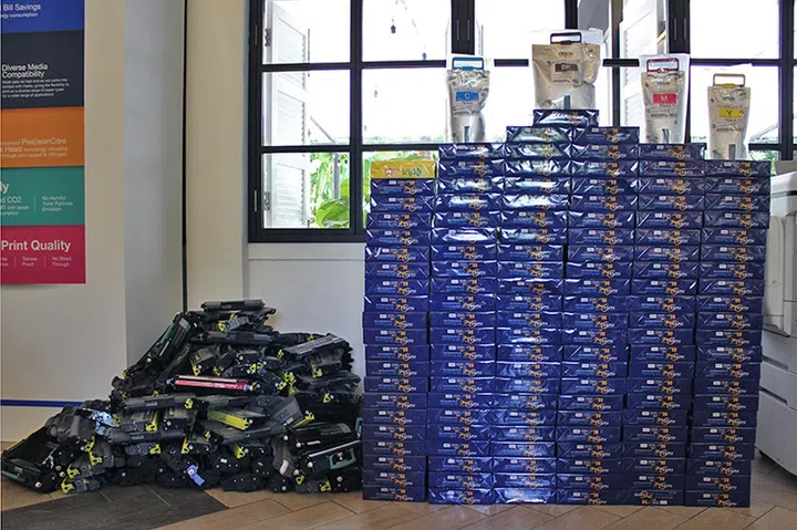 According to Epson, 4 ink packs trump 80 toner cartridges. Heal the world, make it a better place!