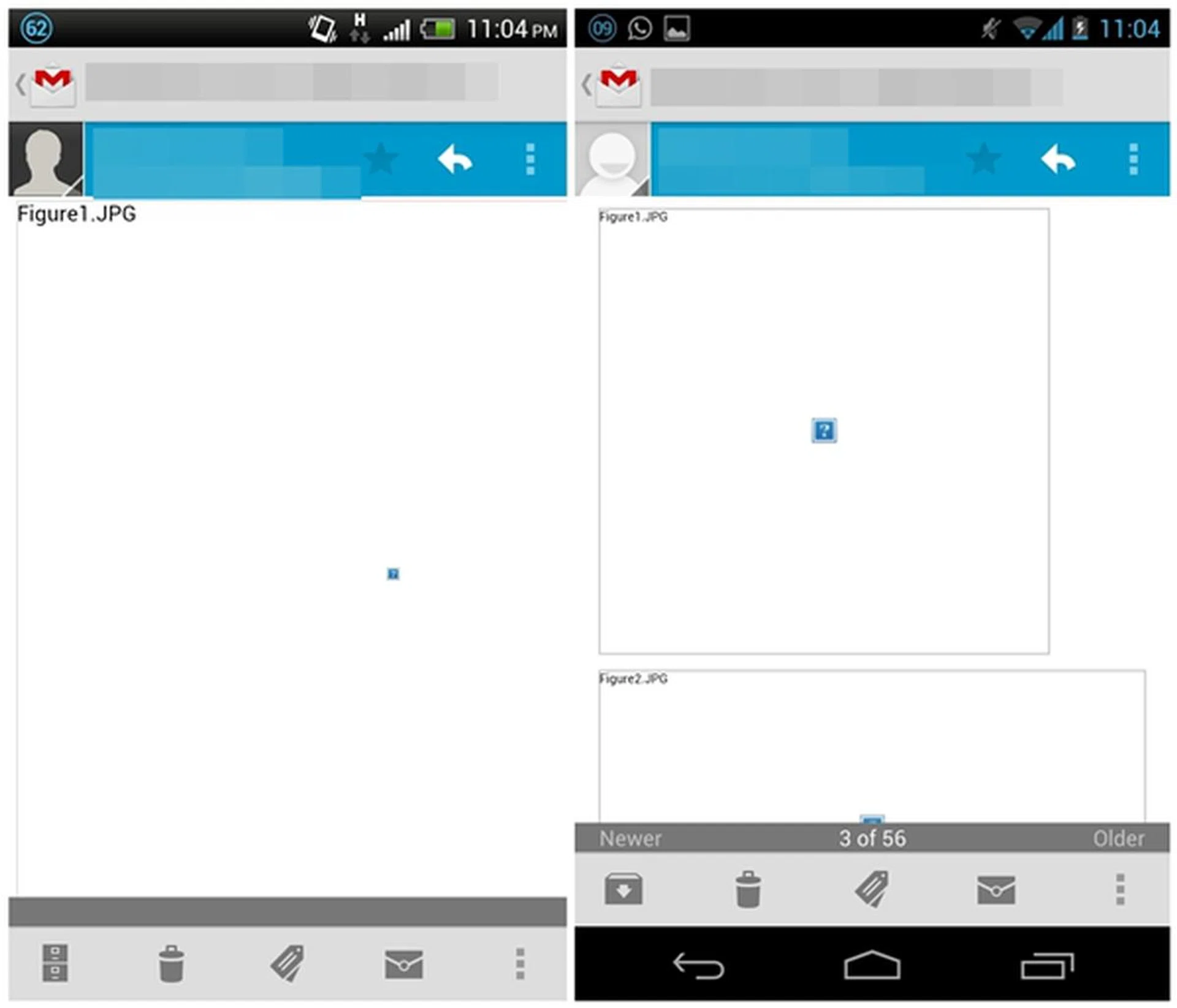 Left: This is how the contents of an email will look on older Android devices. <br>
Right: Android 4.2 can now shrink messages to fit the screen for optimal viewing experience.