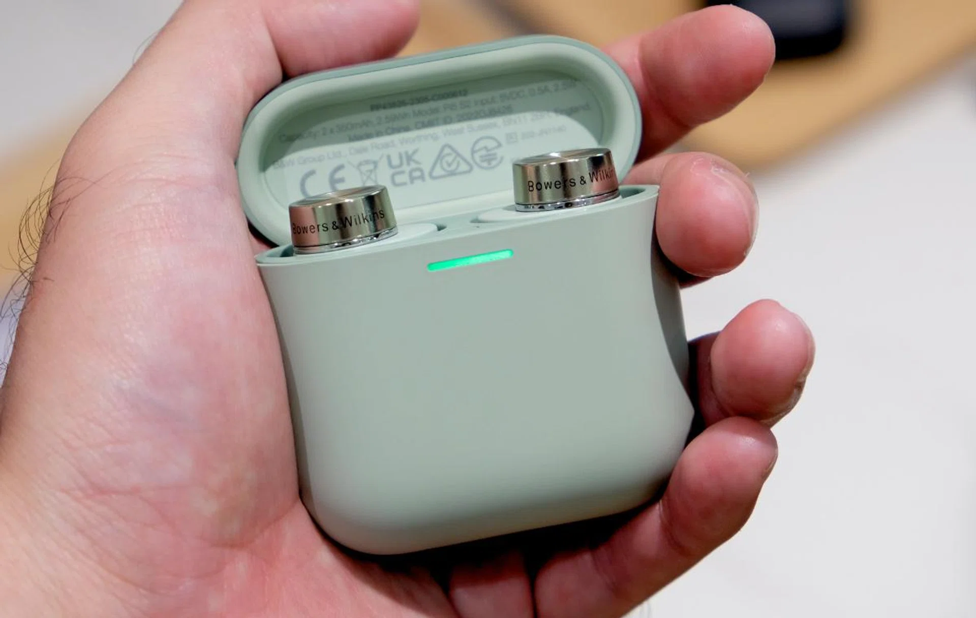 This is the Bowers & Wilkins Pi5 S2 in the new Sage Green finish.