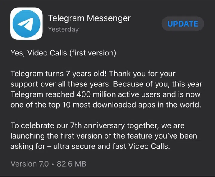 The latest version of Telegram will support video calls.