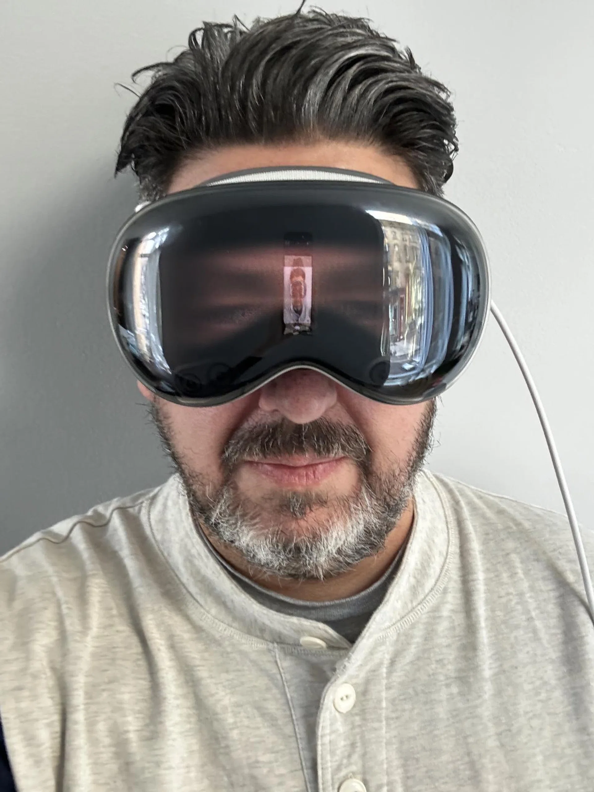 John wearing the Vision Pro showing off the Eyesight feature. (Image source: Daring Fireball)
