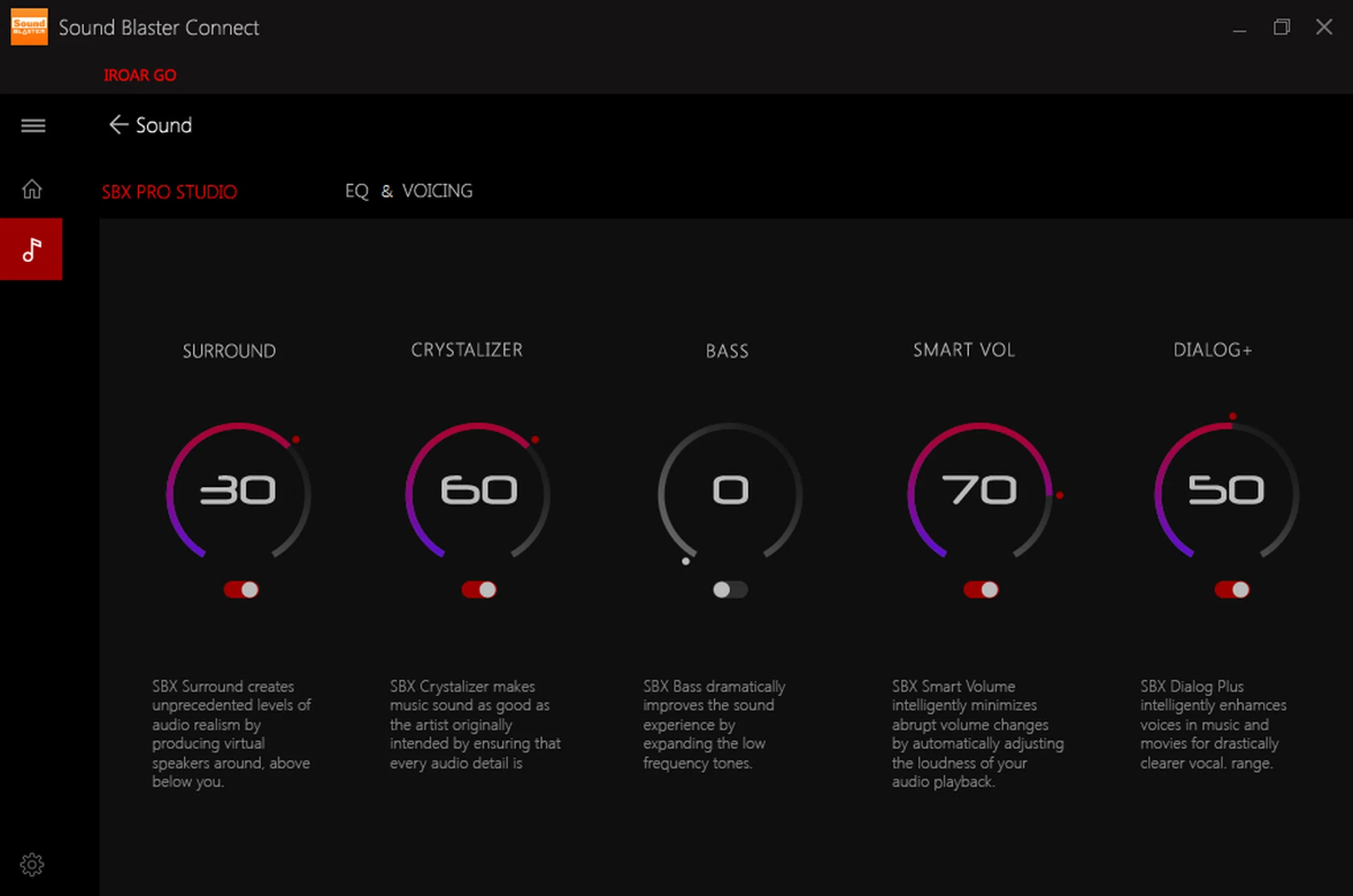 The desktop version of Sound Blaster Connect provides extra controls, like SBX Pro Studio.
