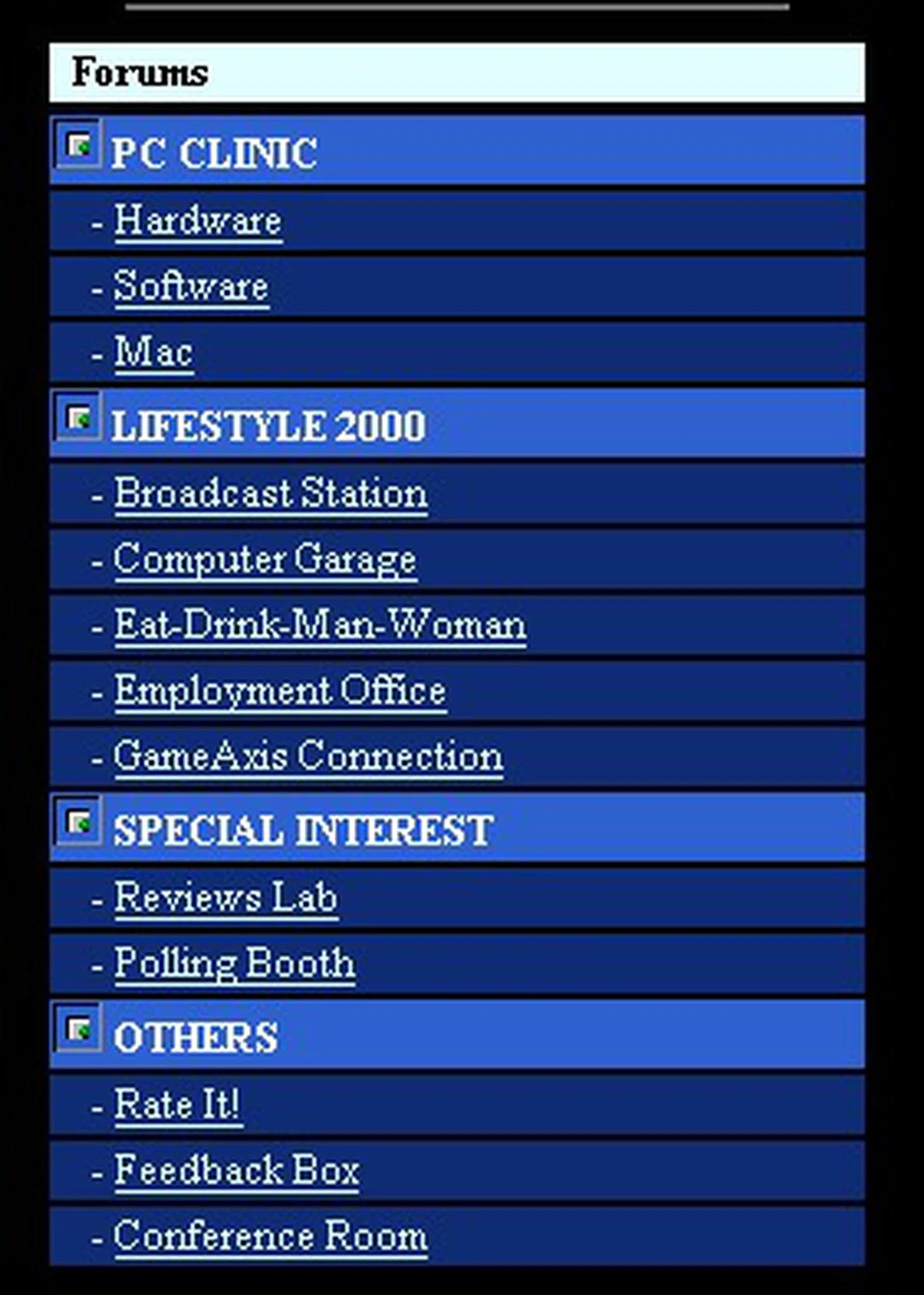  The forums listing during the late 1999 timeframe. Too bad we don't have any other screenshots of this stage of the forums.  