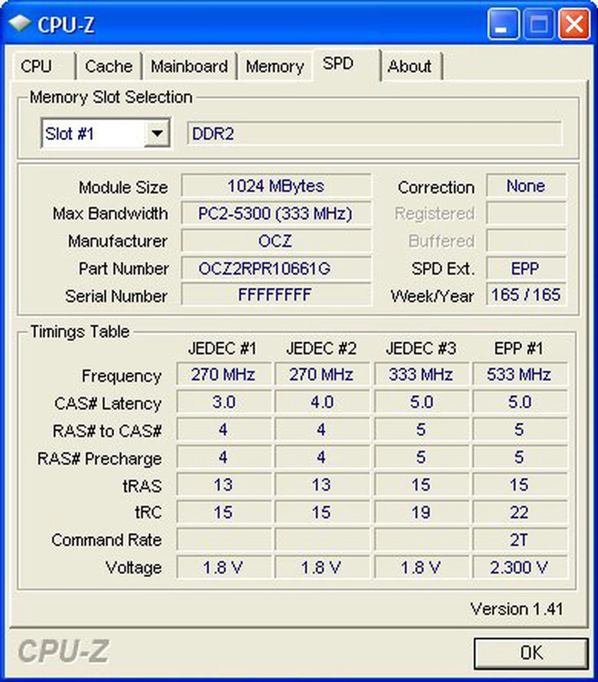 CPU-Z report on the OCZ Reaper HPC DDR2-1066 memory. Two things to notice is that the modules are actually lower speed DDR2-667 chips and that EPP is supported.