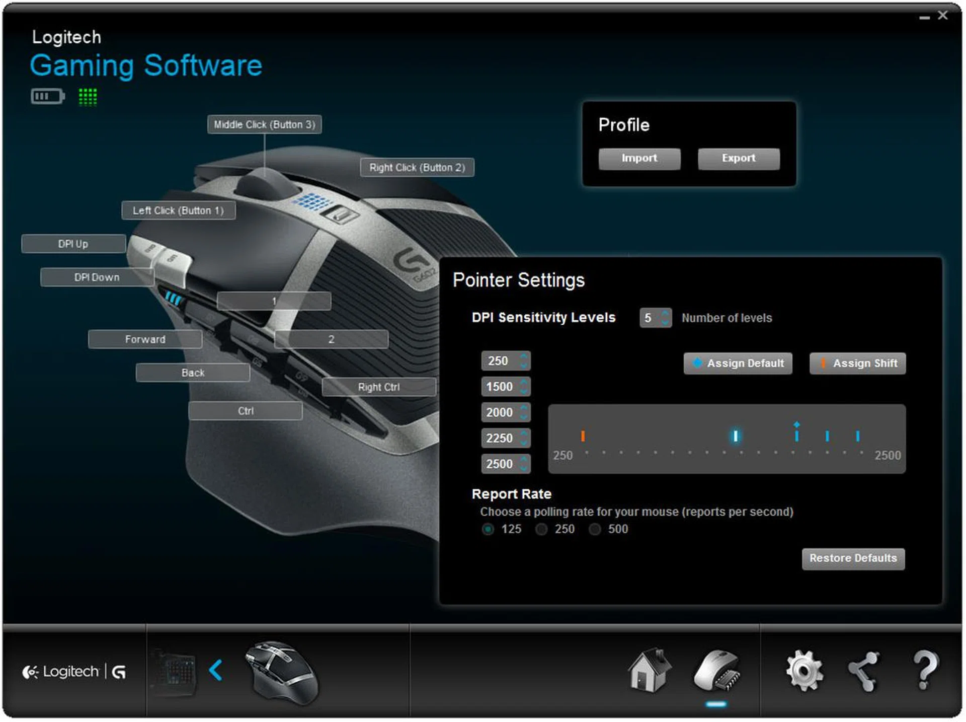 The G602's driver software lets you configure all buttons, as well as fine tune DPI and polling rate settings.