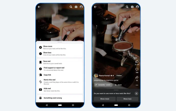 Examples of its Show More, Show Less options when browsing Facebook Reels or interacting with its options.