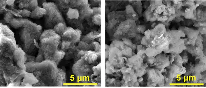 A scanning electron microscope of the new battery anode: left containing asphalt, graphene nanoribbons and lithium, while the right image only contains the asphalt and graphene.
