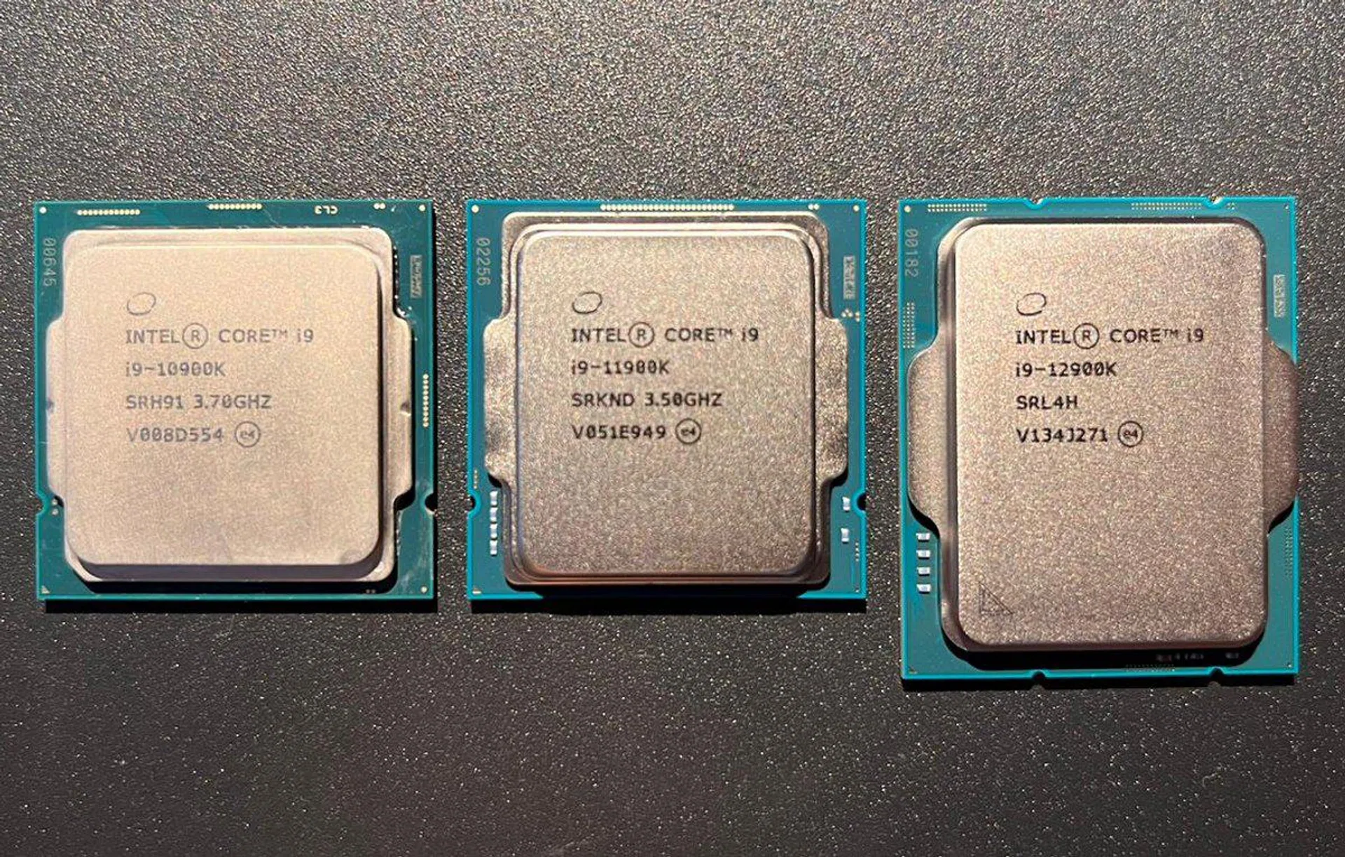 At a glance, from left to right: Intel Core i9-10900K, Core i9-11900K and the latest and largest Intel Core i9-12900K processor.