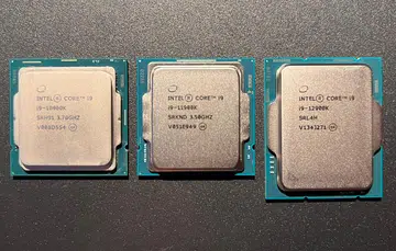 At a glance, from left to right: Intel Core i9-10900K, Core i9-11900K and the latest and largest Intel Core i9-12900K processor.