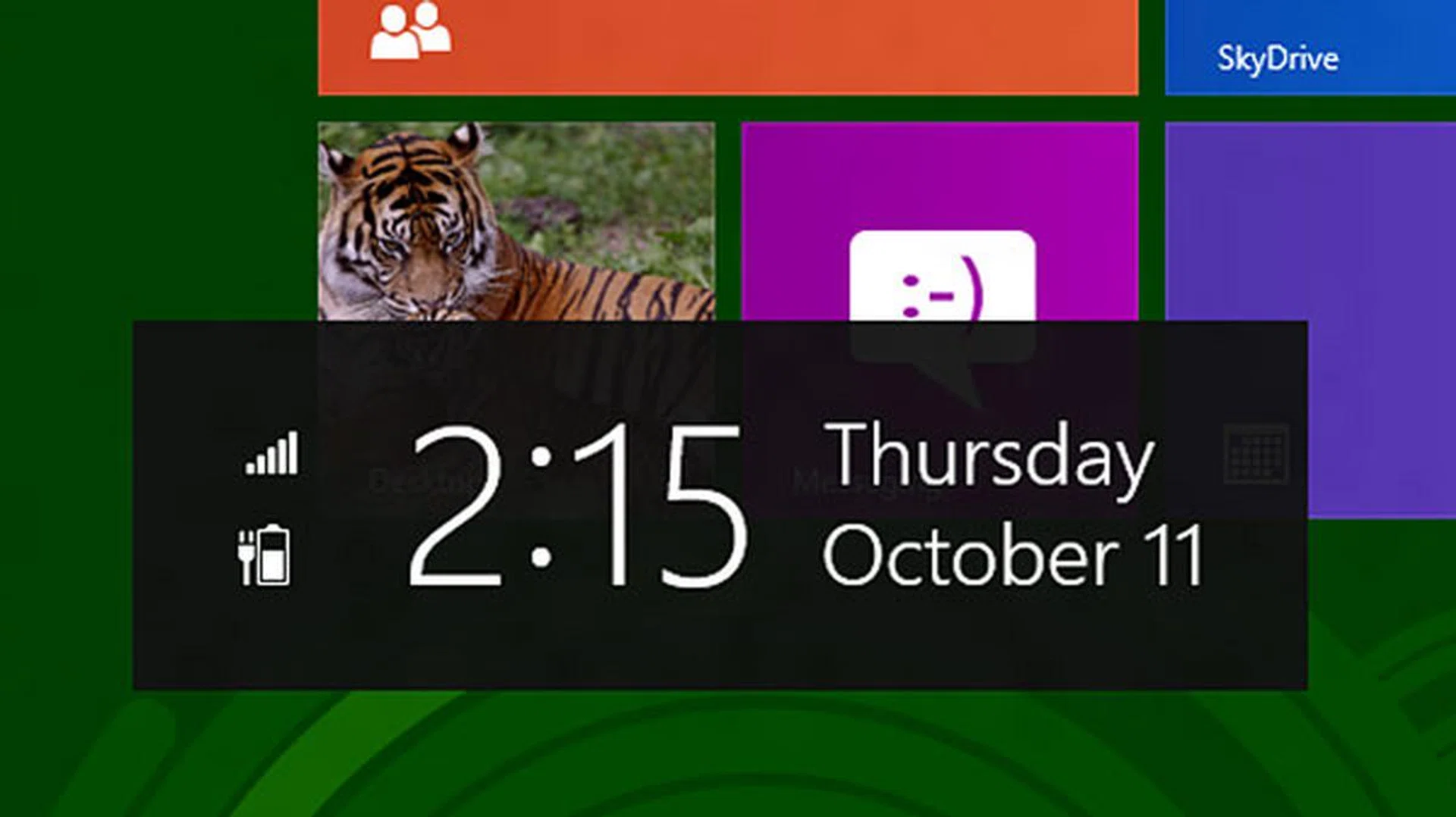 Invoking the Charms bar will also reveal a small system status interface at the bottom-left of the screen. This shows you the current time and date, and icons for Wi-Fi signal strength and battery level. However, it isn't interactive.