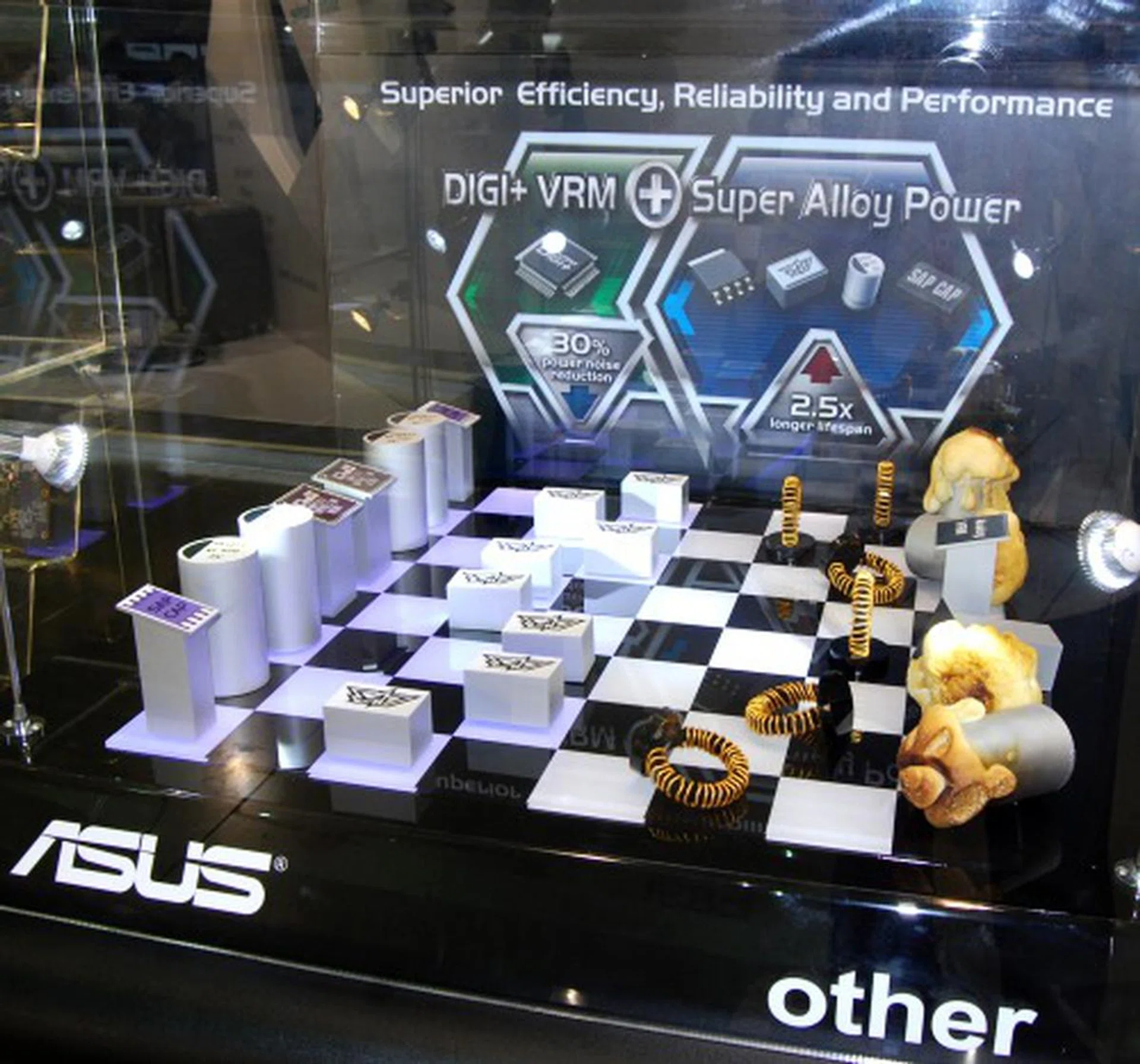 ASUS had this amusing display mimicking a chess board showing off superior power components facing off traditional old-school MOSFETs, chokes, inductors and capacitors.
