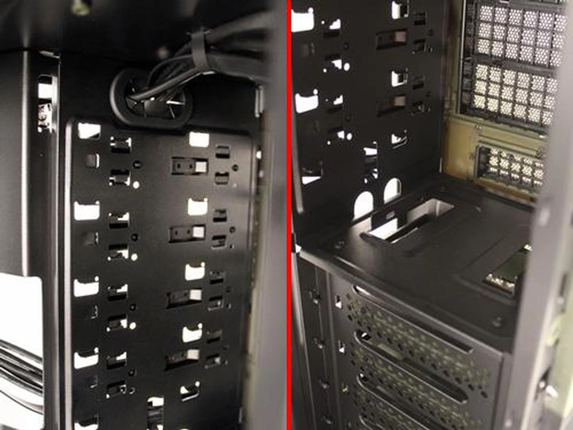 From the top, there are four 5.25-inch drive bays as shown on the left; to the right, the lone 3.5-inch external facing 3.5-inch drive bay.